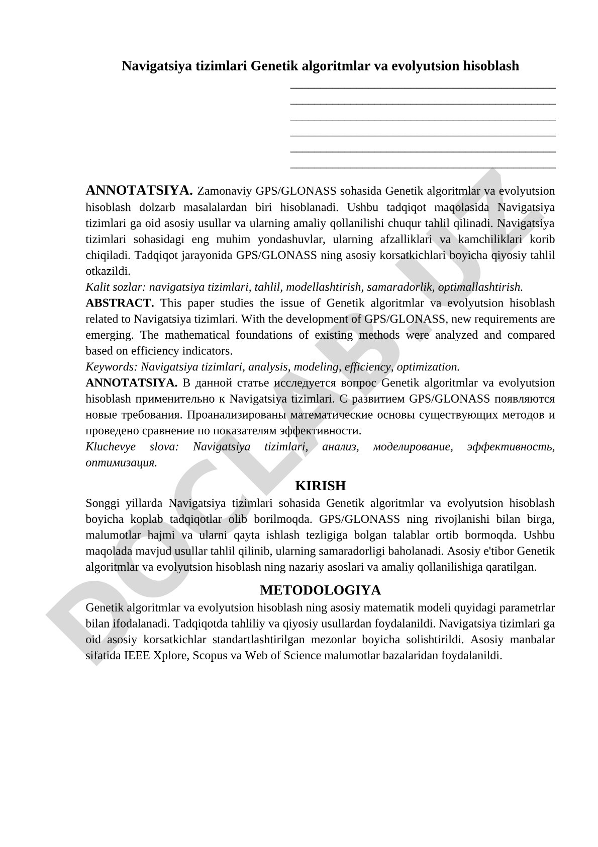 Navigatsiya tizimlari Genetik algoritmlar va evolyutsion hisoblash