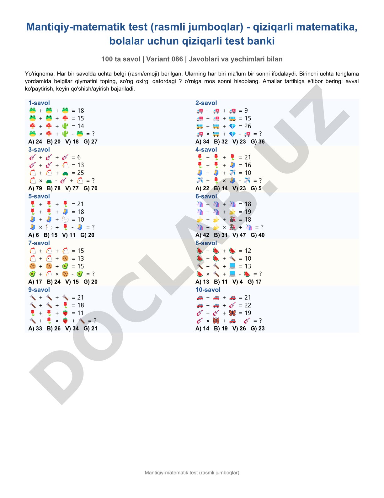 Mantiqiy-matematik test (rasmli jumboqlar)