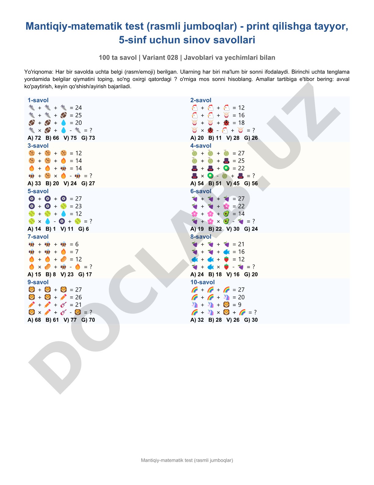Mantiqiy-matematik test (rasmli jumboqlar)