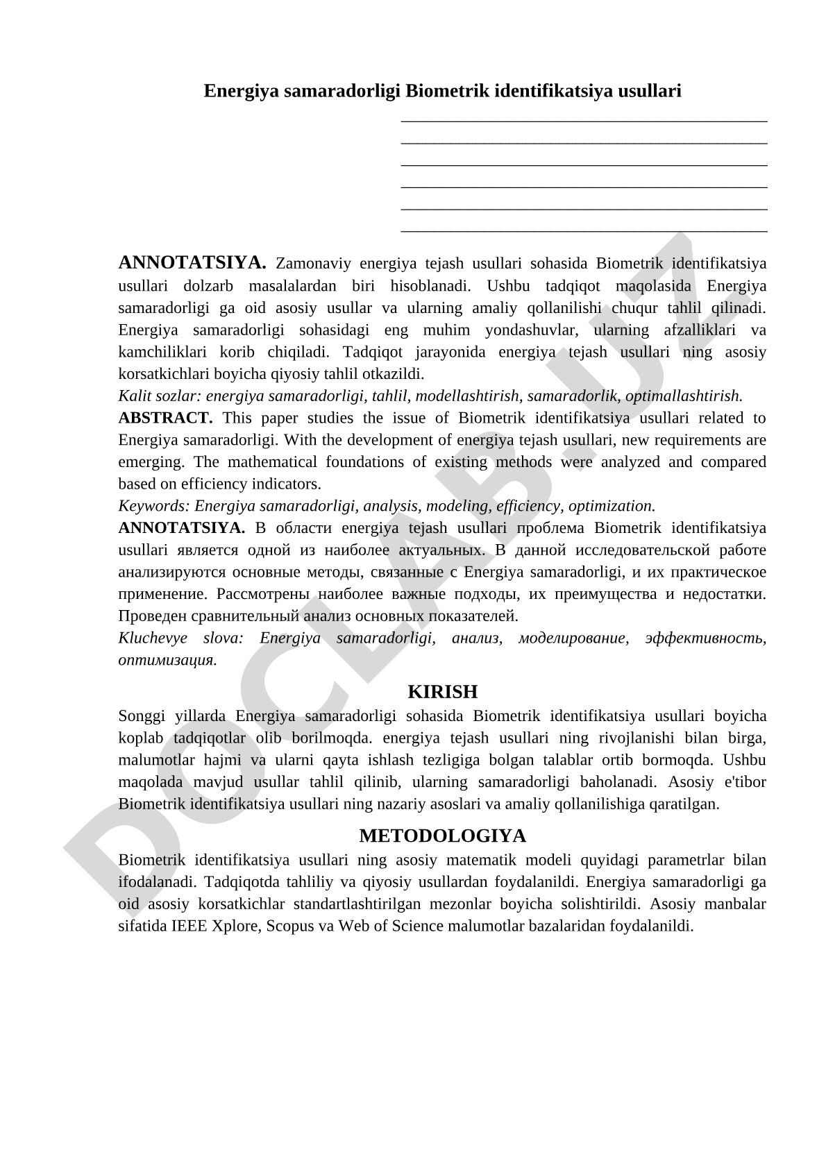 Energiya samaradorligi Biometrik identifikatsiya usullari