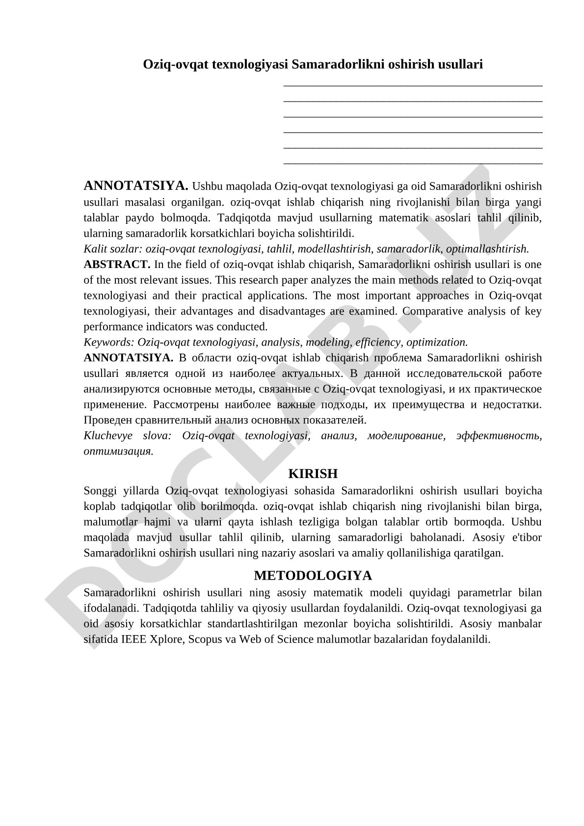 Oziq-ovqat texnologiyasi Samaradorlikni oshirish usullari