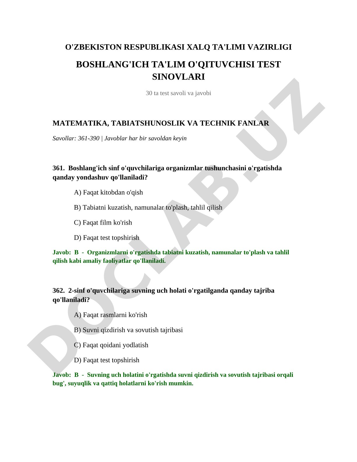 Boshlang'ich sinf o'qituvchilari uchun test savollari (matematika, tabiatshunoslik va texnik fanlar)