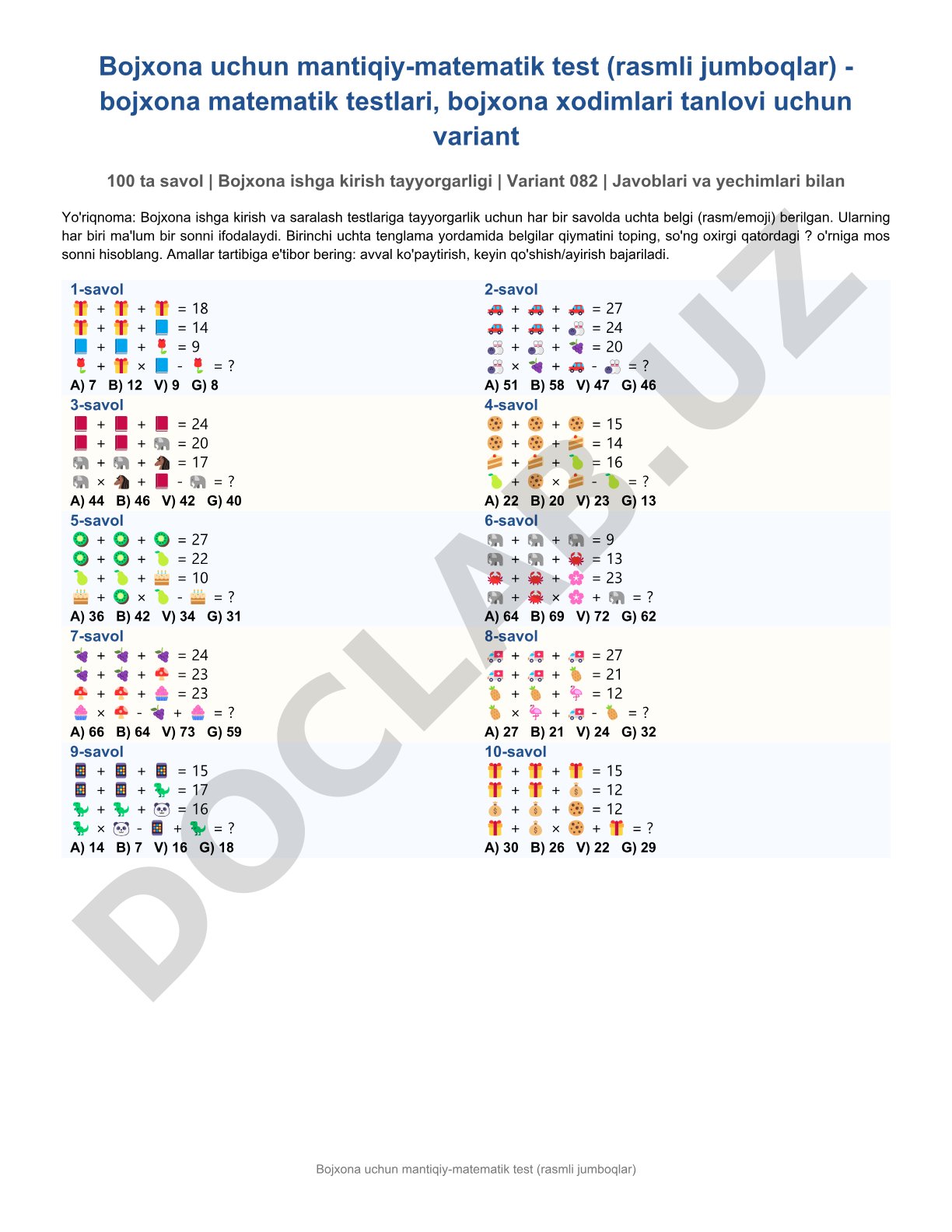 Bojxona uchun mantiqiy-matematik test (rasmli jumboqlar)