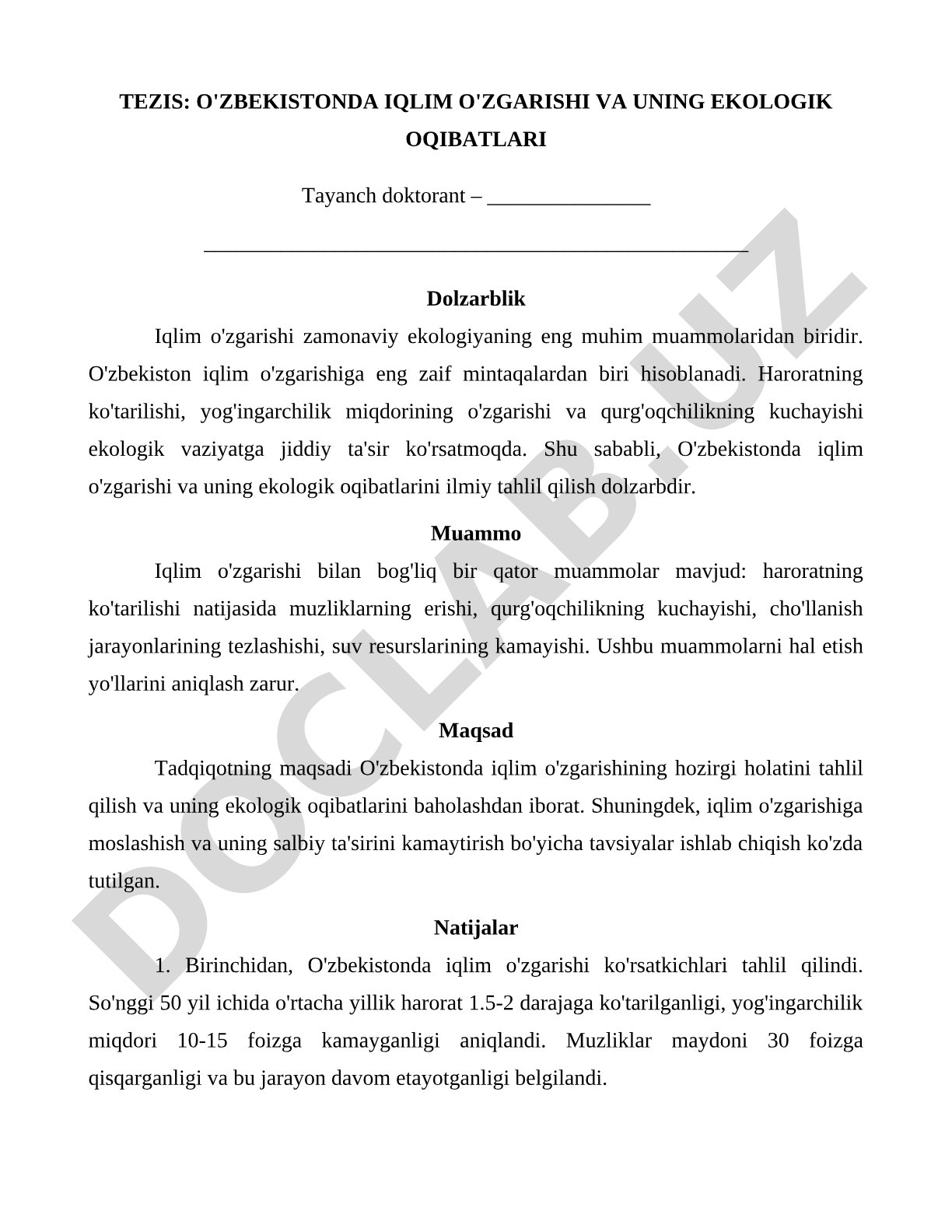 O'zbekistonda iqlim o'zgarishi va uning ekologik oqibatlari