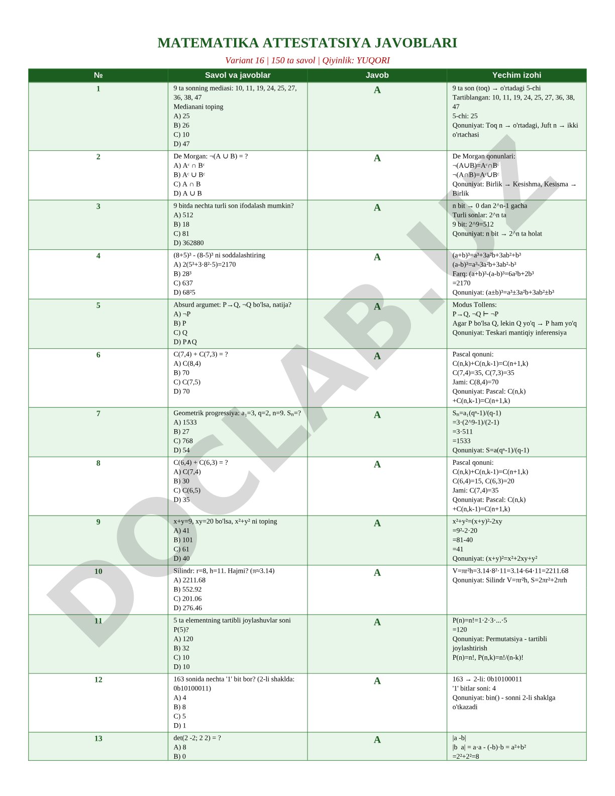 Matematika attestatsiya javoblari variant 16