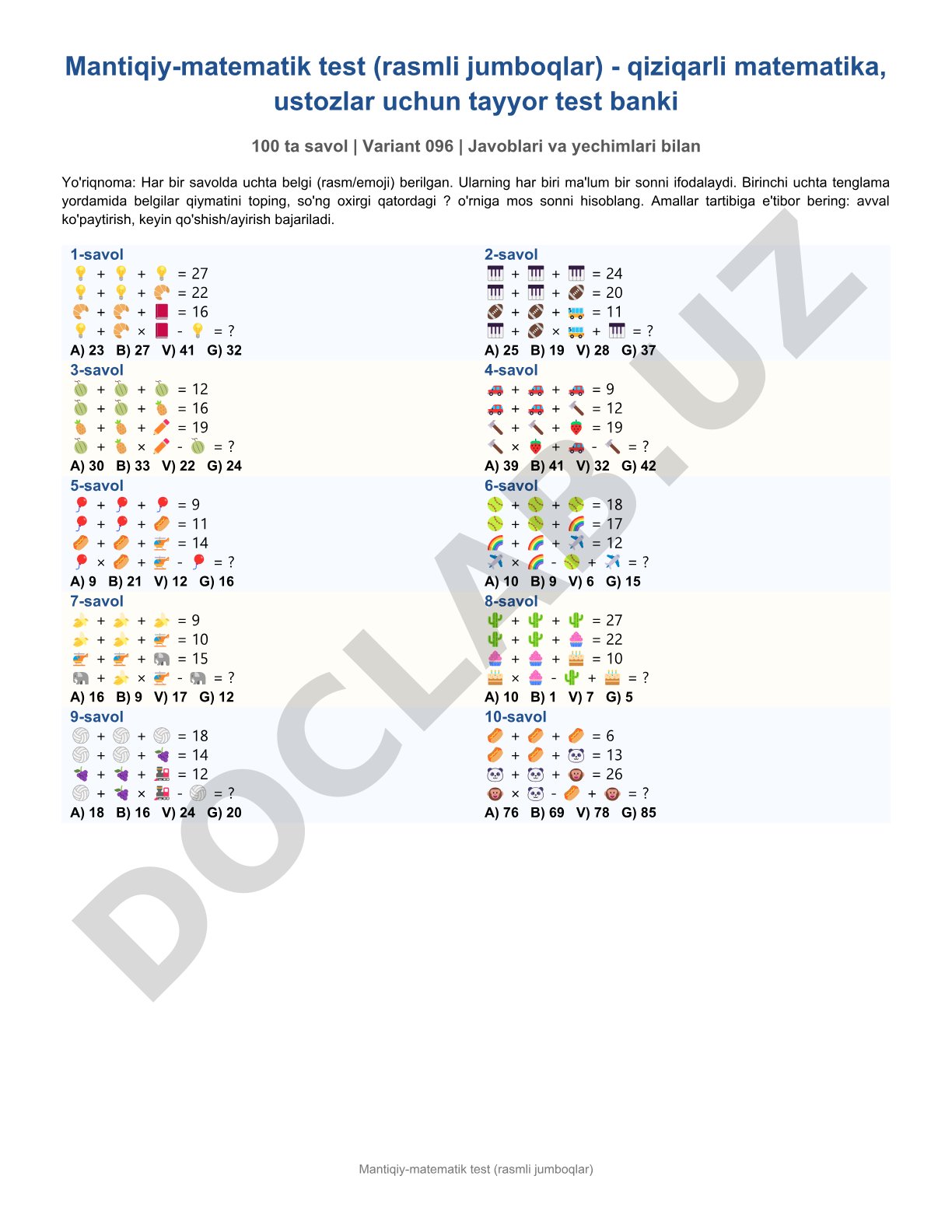 Mantiqiy-matematik test (rasmli jumboqlar)