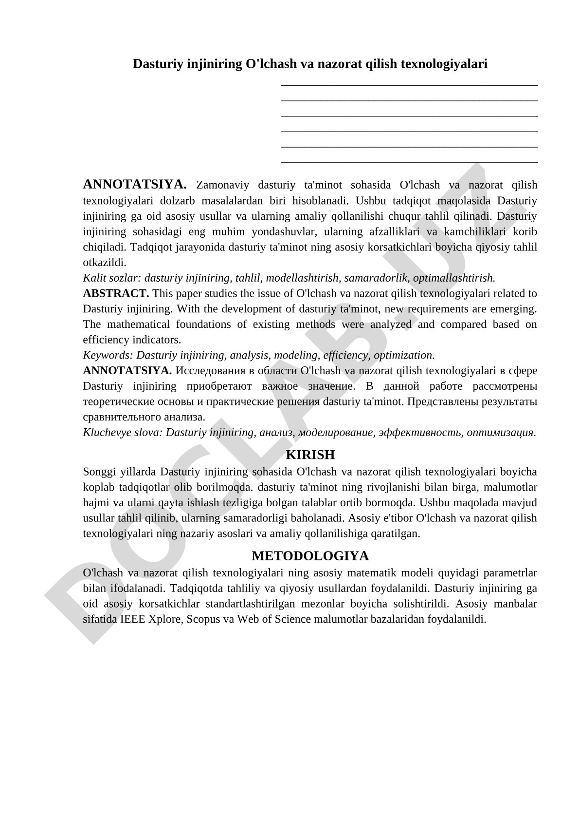 Dasturiy injiniring O'lchash va nazorat qilish texnologiyalari