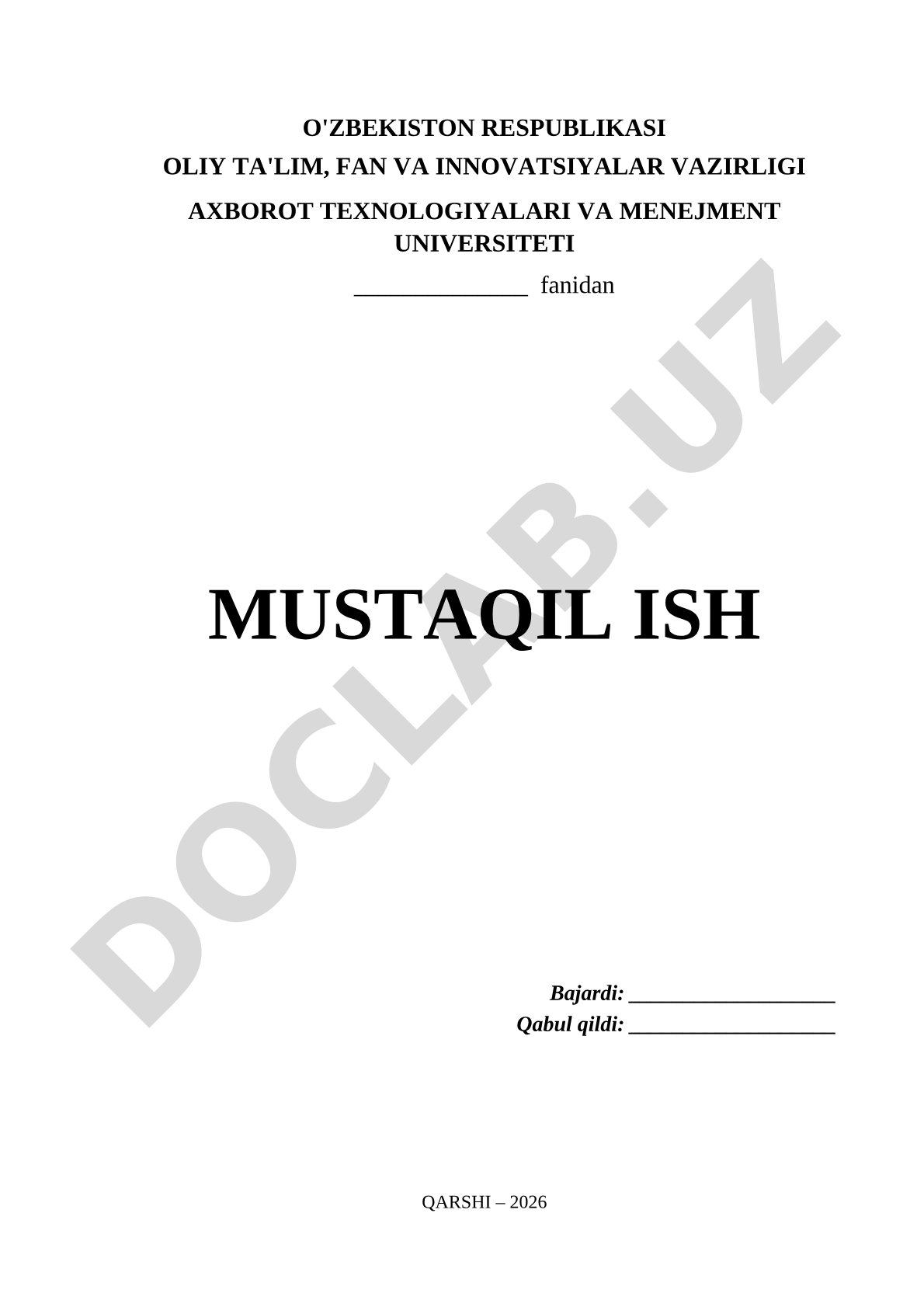 Axborot texnologiyalari va menejment universiteti mustaqil ishi