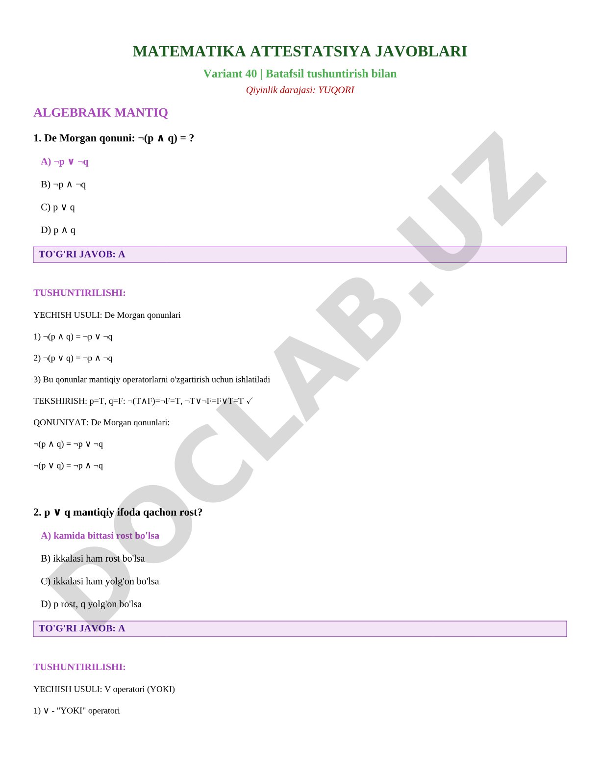 Matematik mantiq bo'yicha attestatsiya javoblari varianti 40