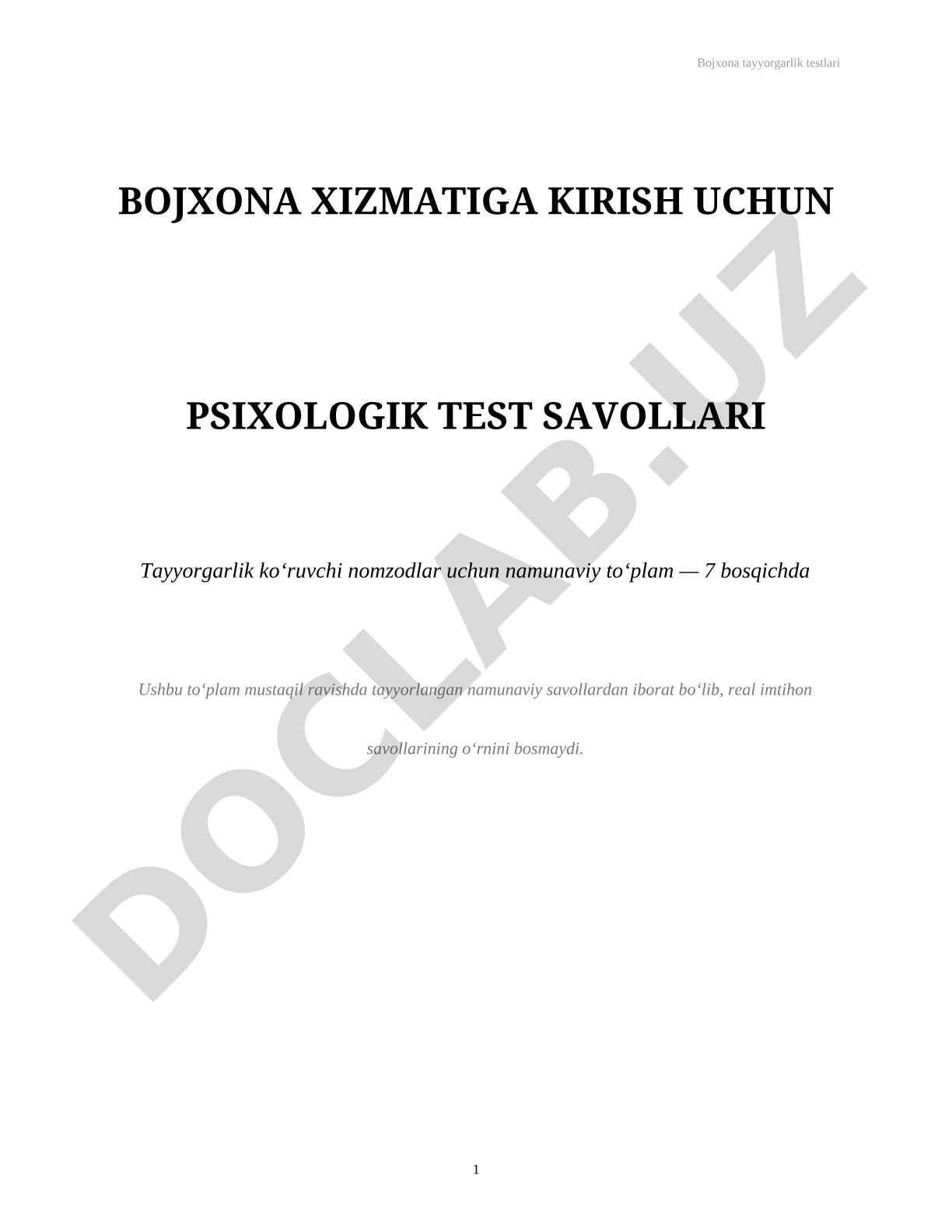 Bojxona xizmatiga kirish uchun psixologik test savollari namunaviy to‘plam