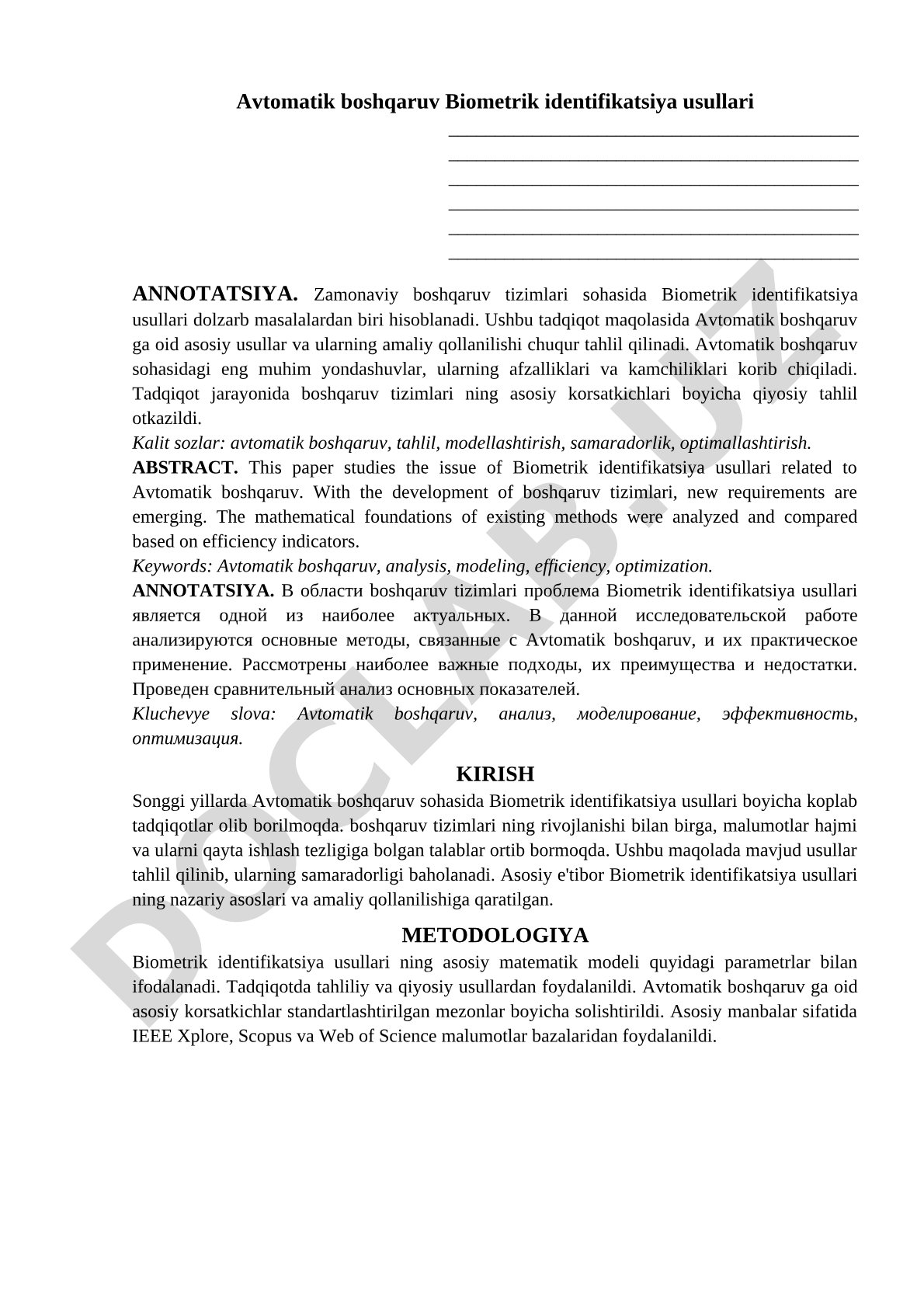 Avtomatik boshqaruvda biometrik identifikatsiya usullari tahlili
