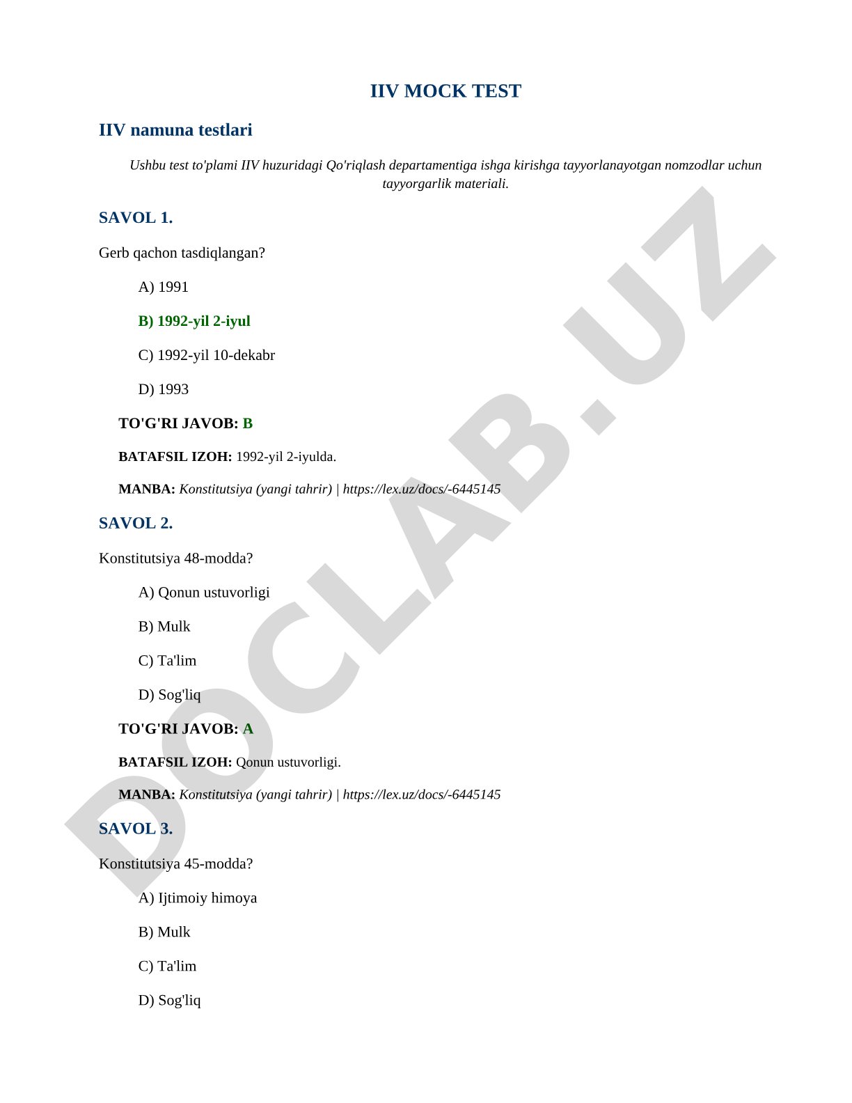 IIV Qo'riqlash departamenti uchun test savollari