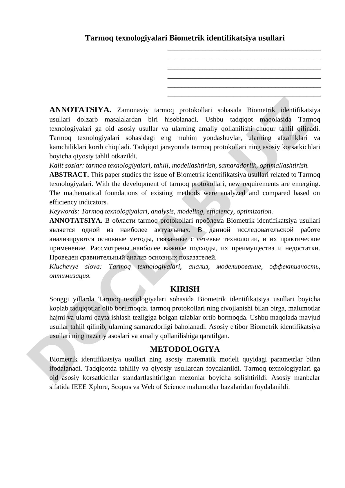 Tarmoq texnologiyalari Biometrik identifikatsiya usullari