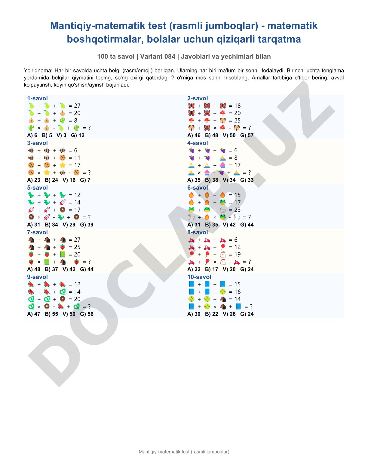 Mantiqiy-matematik test (rasmli jumboqlar)