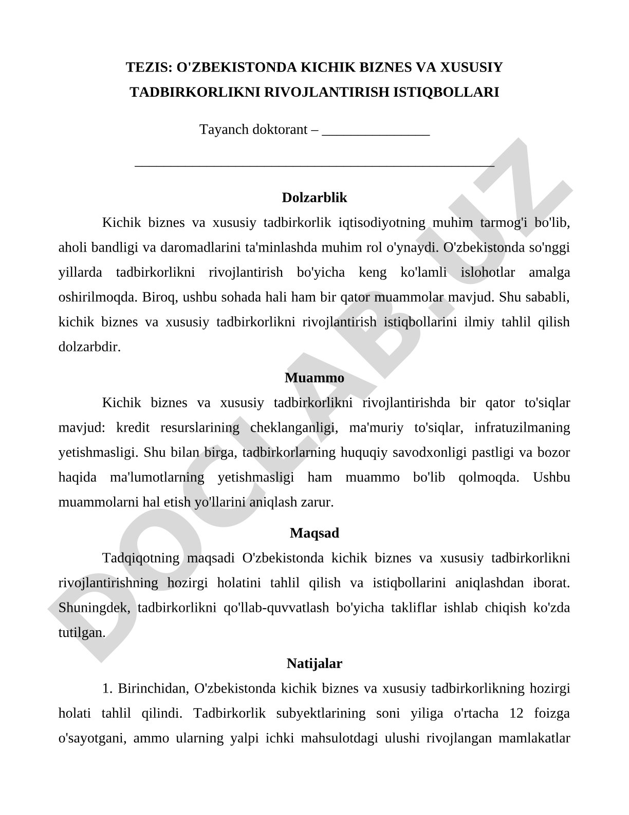 O'ZBEKISTONDA KICHIK BIZNES VA XUSUSIY TADBIRKORLIKNI RIVOJLANTIRISH ISTIQBOLLARI
