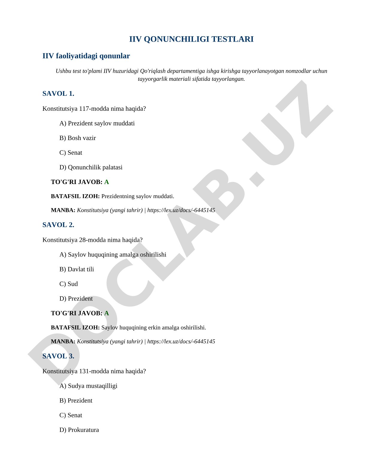 IIV qonunchiligi bo'yicha test savollari