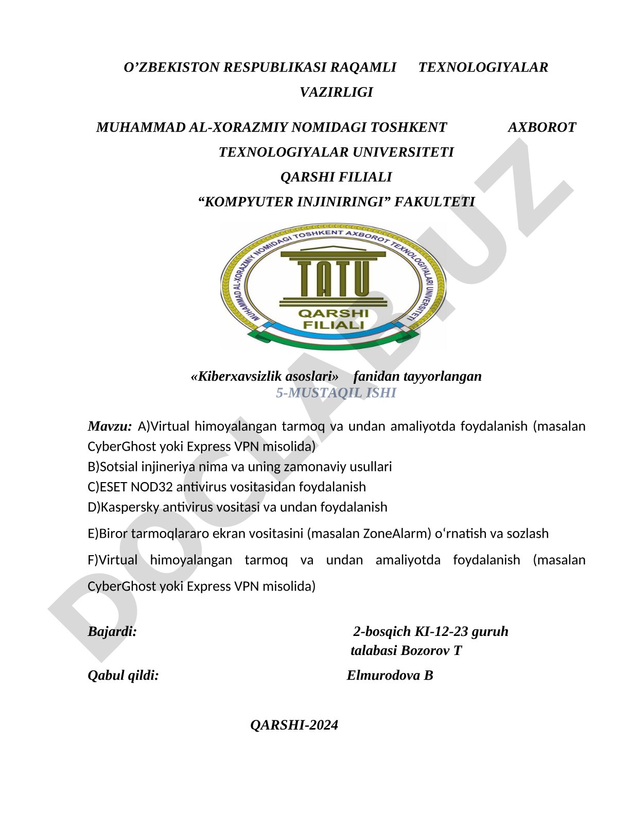 Virtual himoyalangan tarmoq, sotsial injineriya, antivirus va tarmoq ekranlari