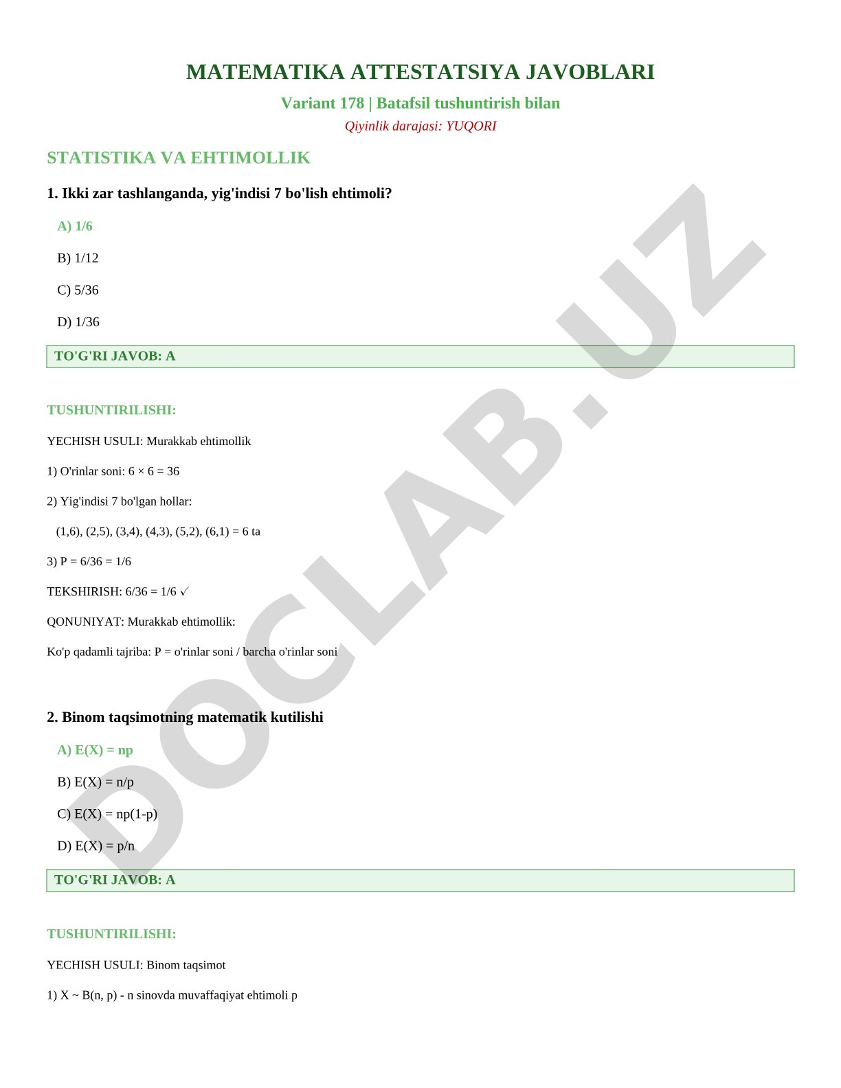 Matematika attestatsiya javoblari Variant 178