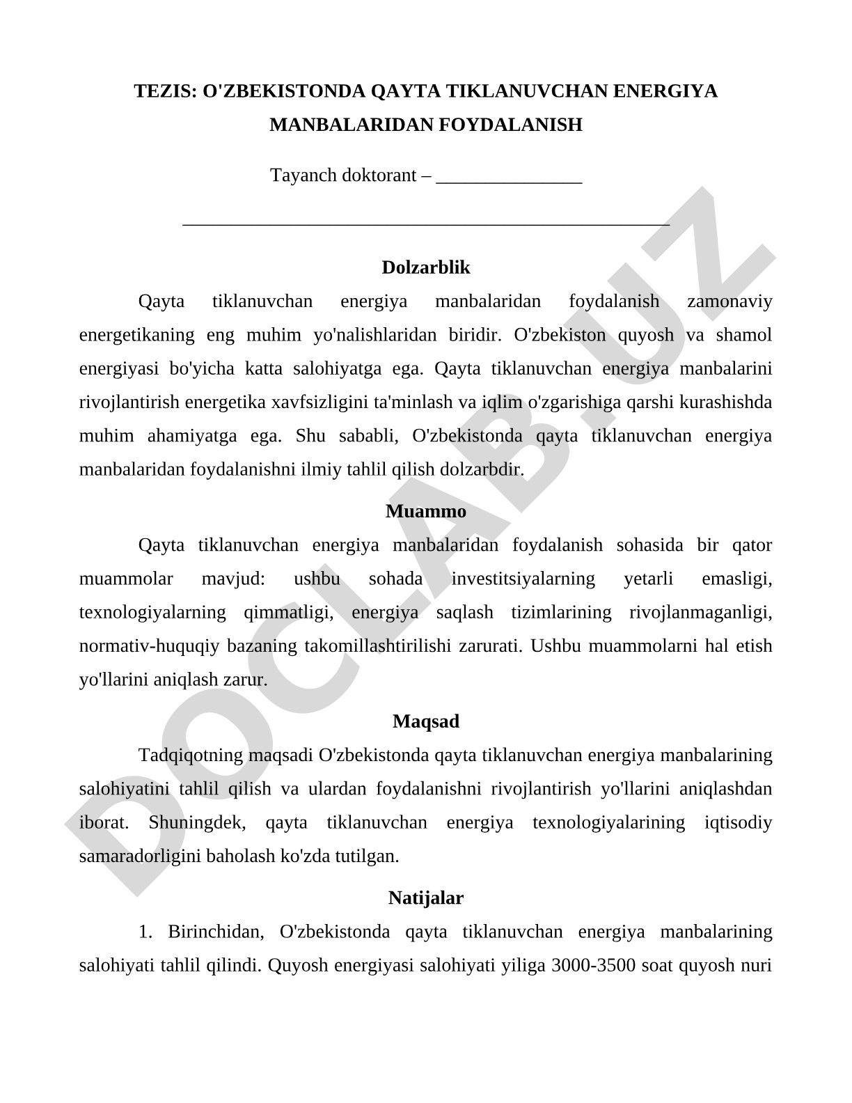 O'zbekistonda qayta tiklanuvchan energiya manbalaridan foydalanish