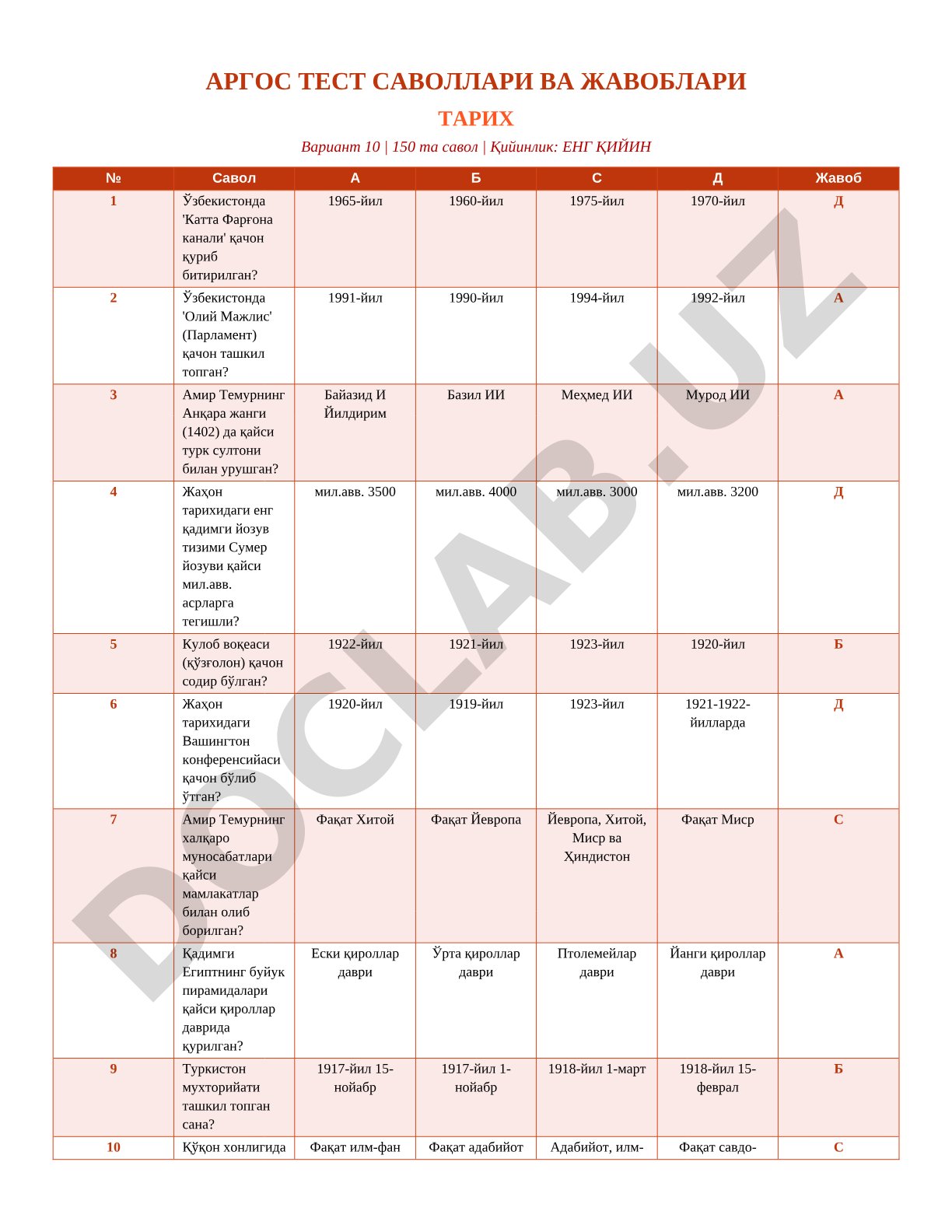 ARGOS test savollari: Tarix, 10-variant
