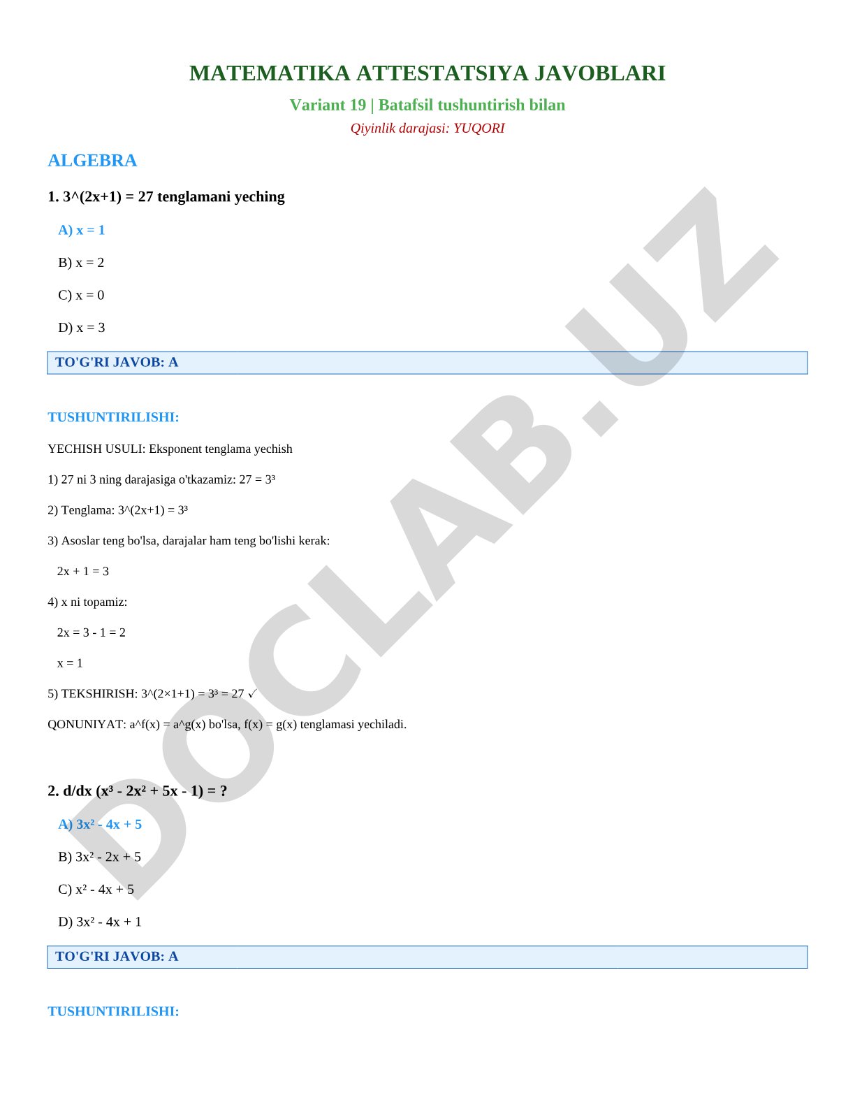 Matematika attestatsiya javoblari variant 19