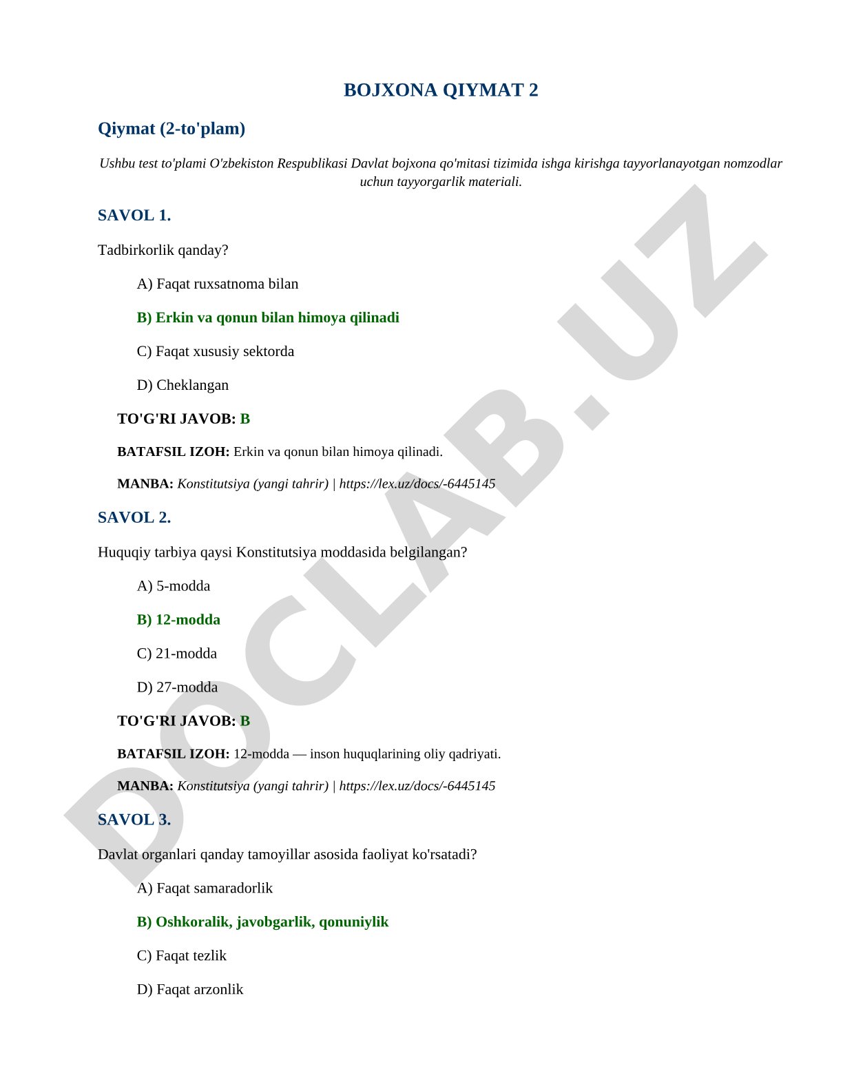 Bojxona qo'mitasi nomzodlari uchun test savollari (2-to'plam)
