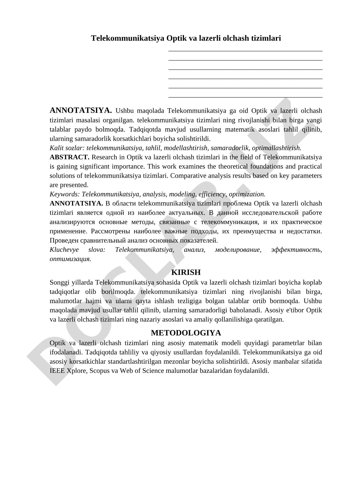 Telekommunikatsiya Optik va lazerli olchash tizimlari