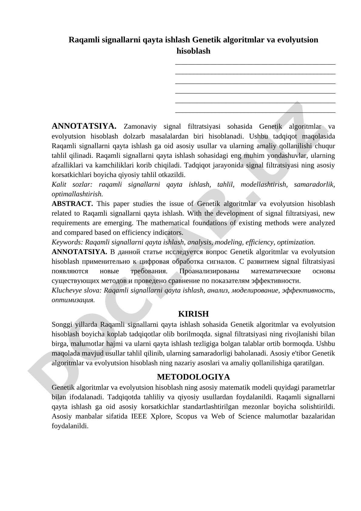 Raqamli signallarni qayta ishlash Genetik algoritmlar va evolyutsion hisoblash