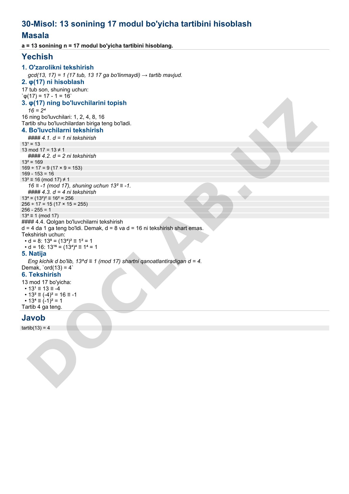 13 sonining 17 modul bo'yicha tartibini hisoblash