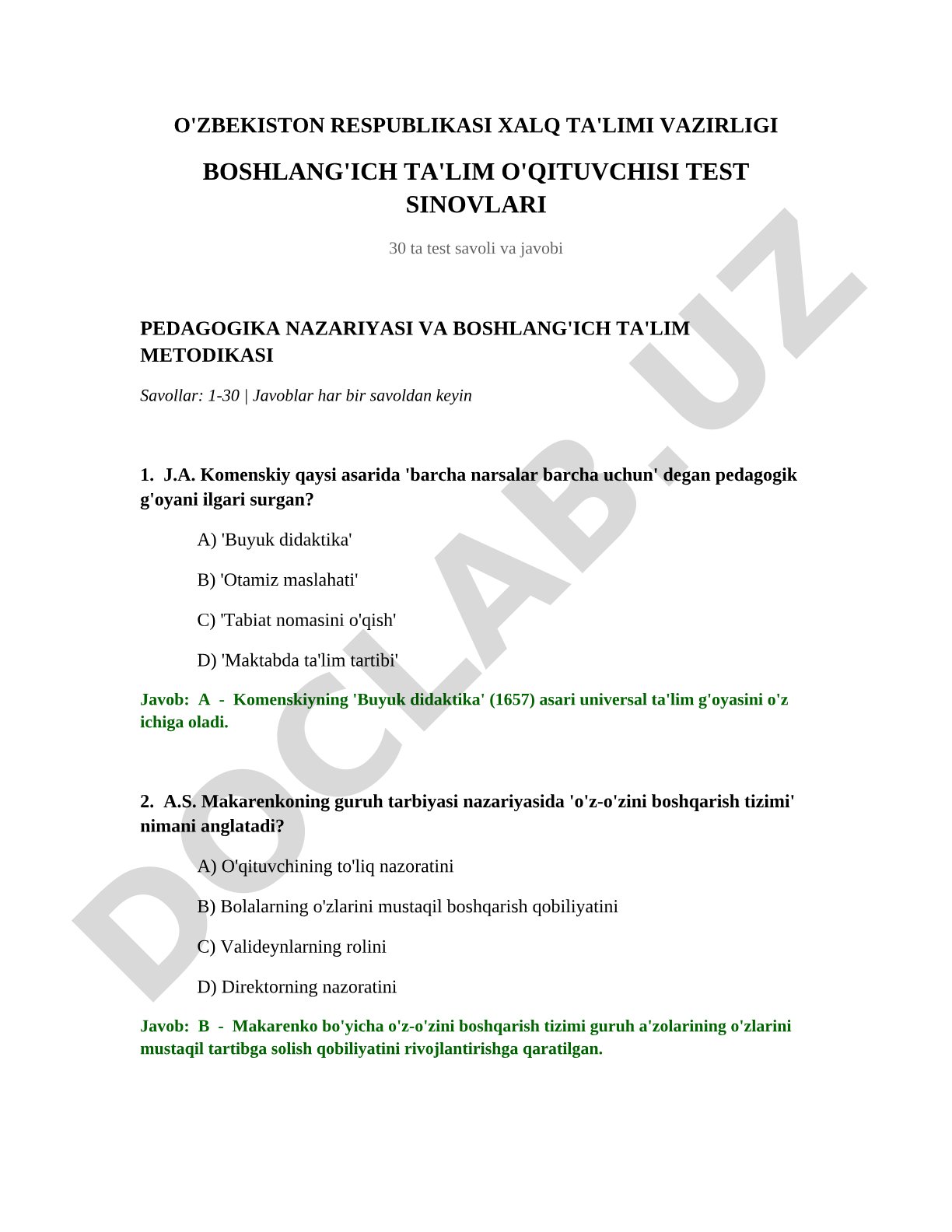 Boshlang'ich ta'lim o'qituvchisi test sinovlari pedagogika nazariyasi va metodikasi
