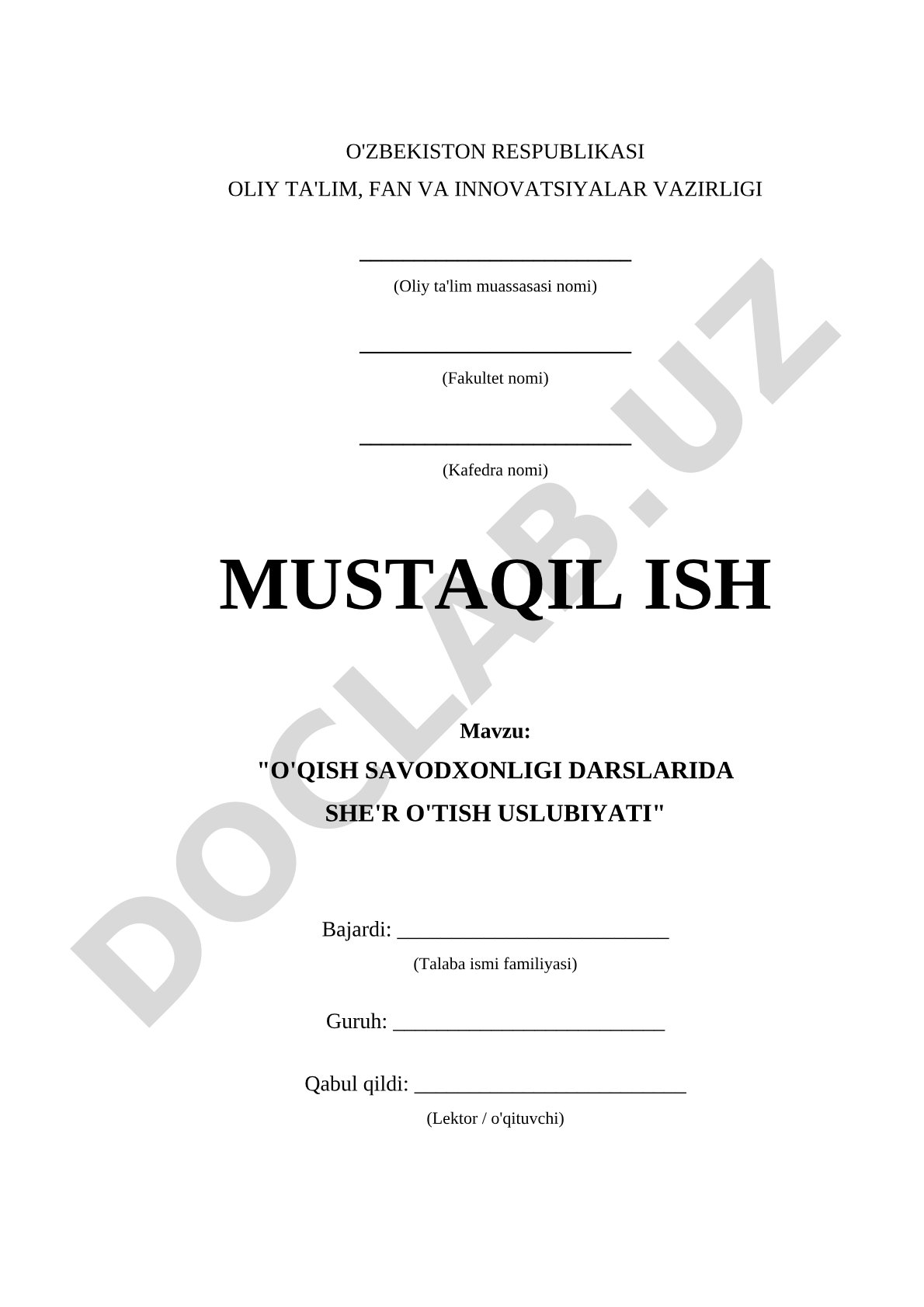 O'QISH SAVODXONLIGI DARSLARIDA SHE'R O'TISH USULIYATI