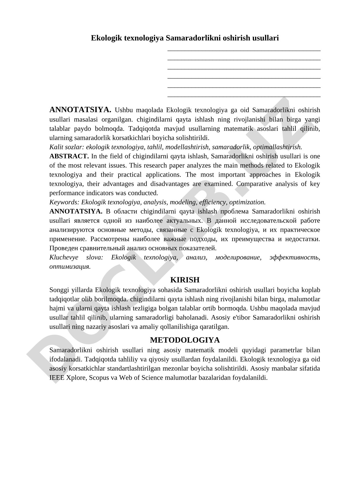 Ekologik texnologiya Samaradorlikni oshirish usullari