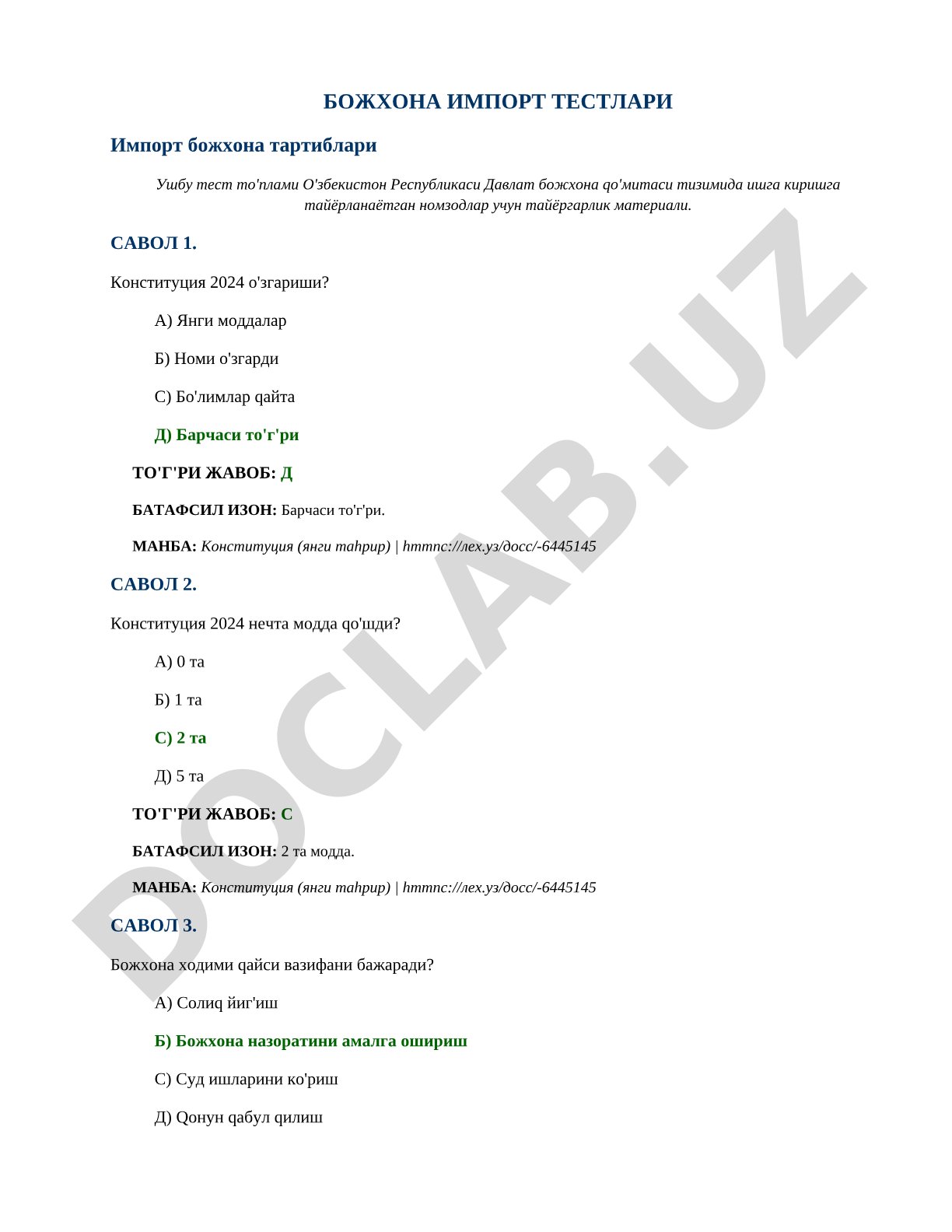 Bojxona import testlari