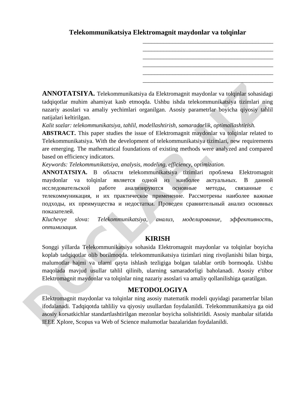 Telekommunikatsiya Elektromagnit maydonlar va tolqinlar