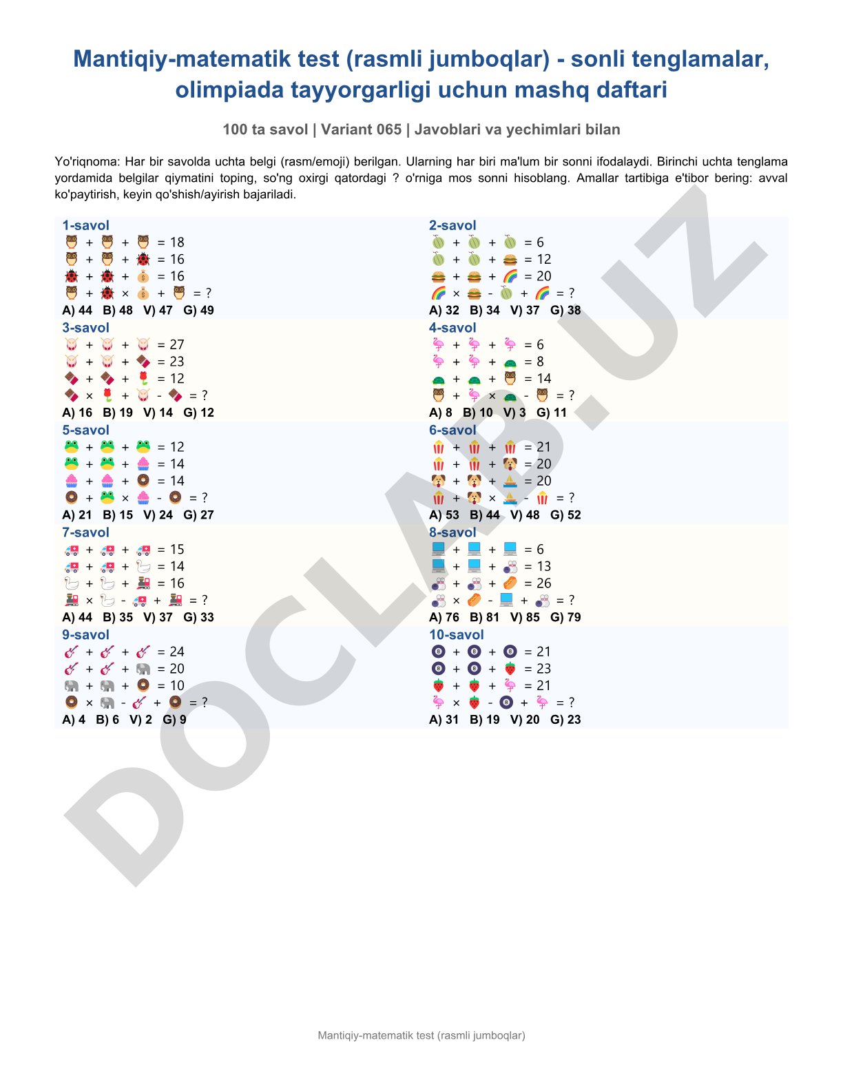 Mantiqiy-matematik test (rasmli jumboqlar)