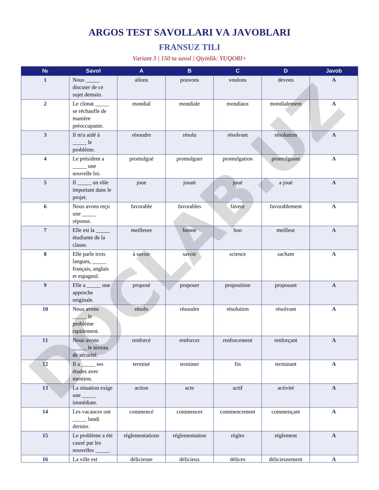 ARGOS test de français variante 3