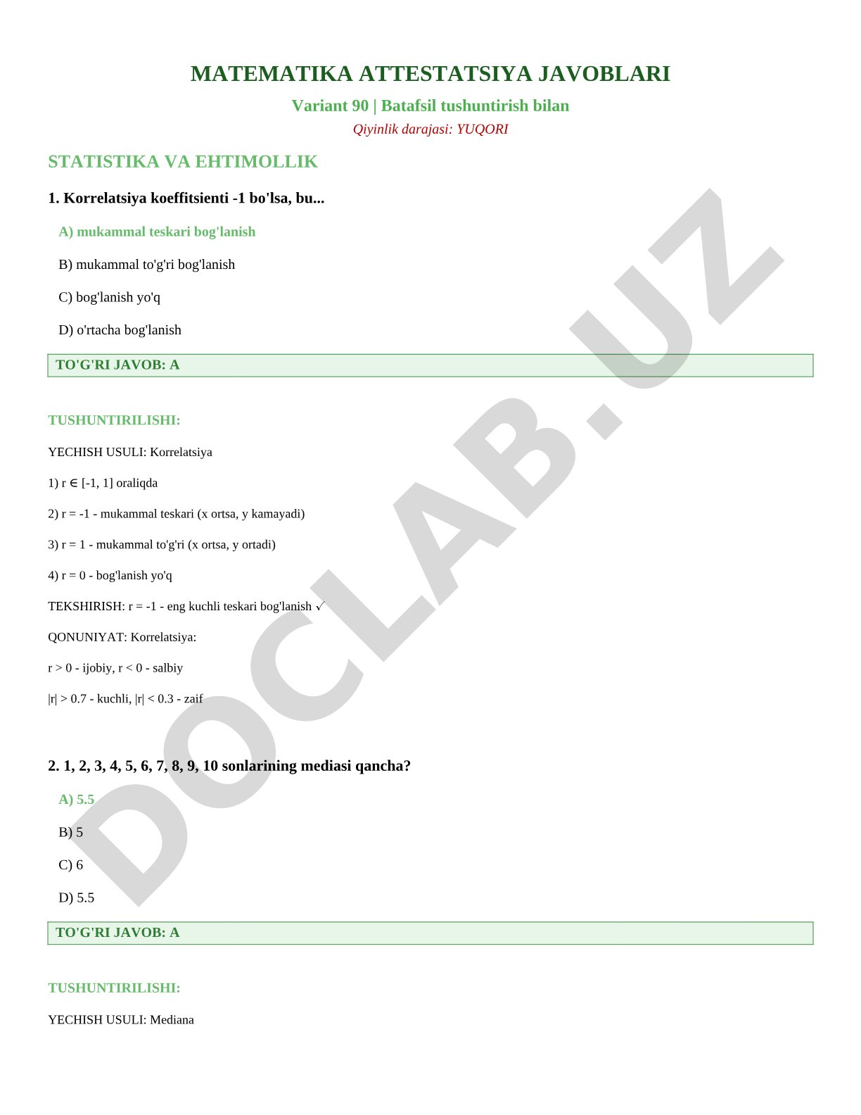 Matematika attestatsiya javoblari 90-variant