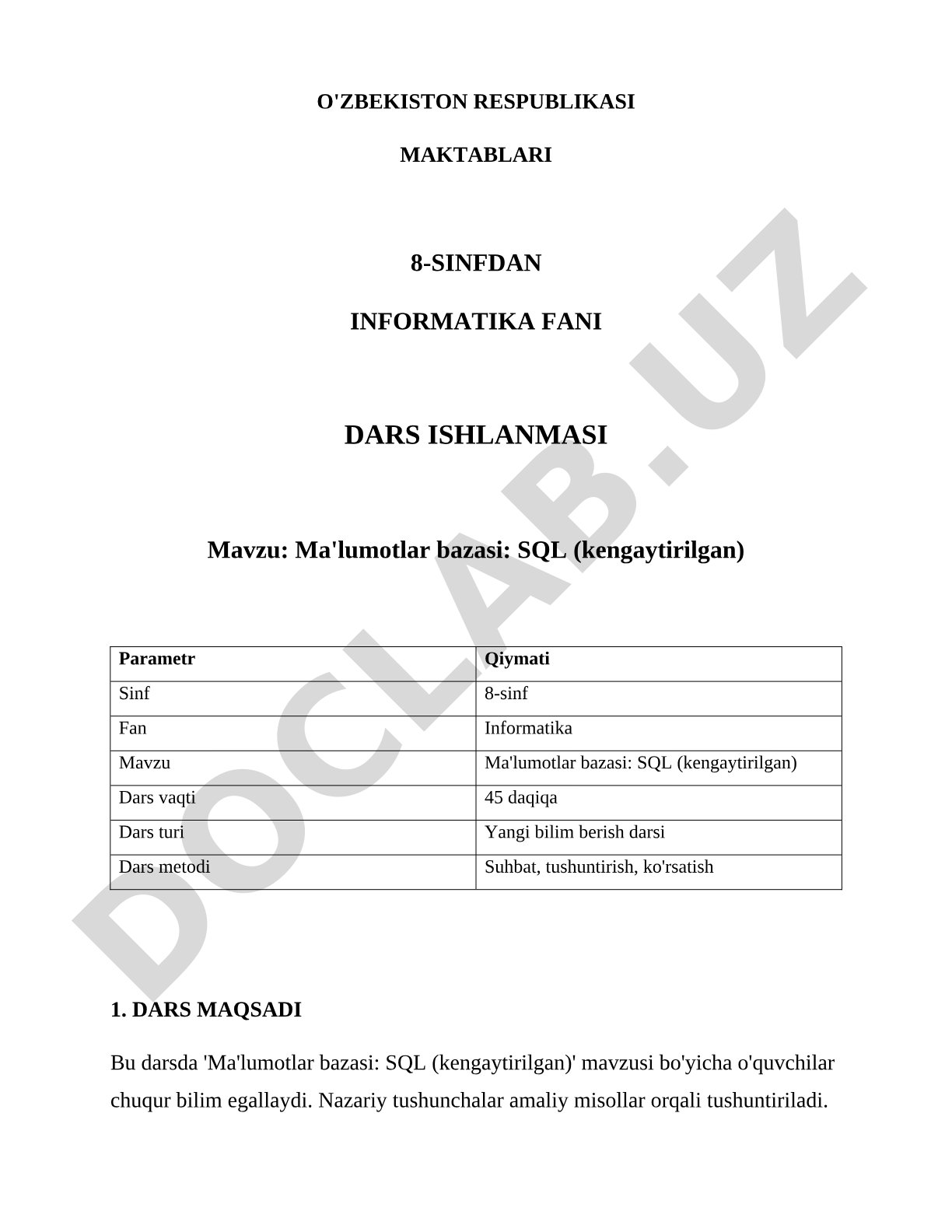 Ma'lumotlar bazasi: SQL (kengaytirilgan)