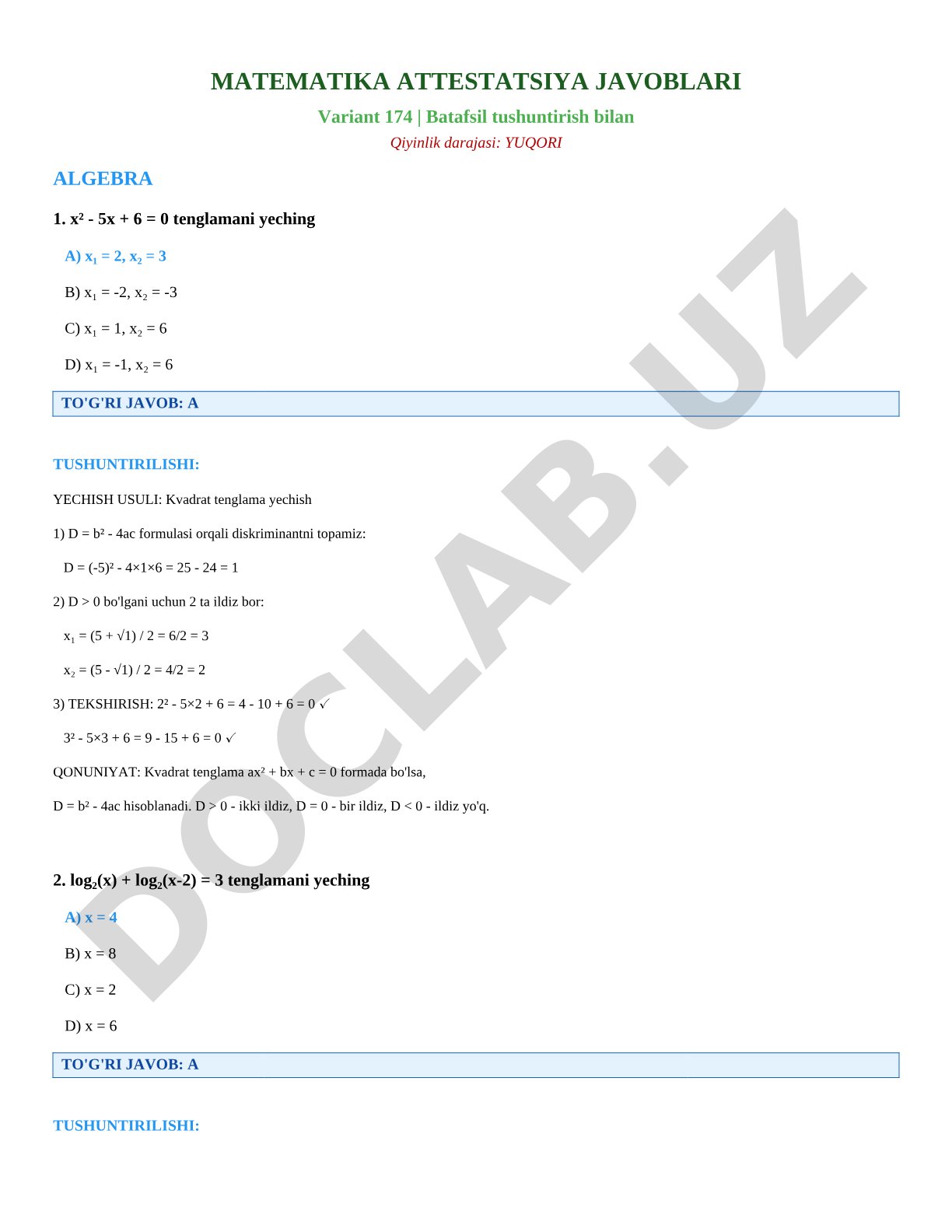 Matematika attestatsiya javoblari Variant 174