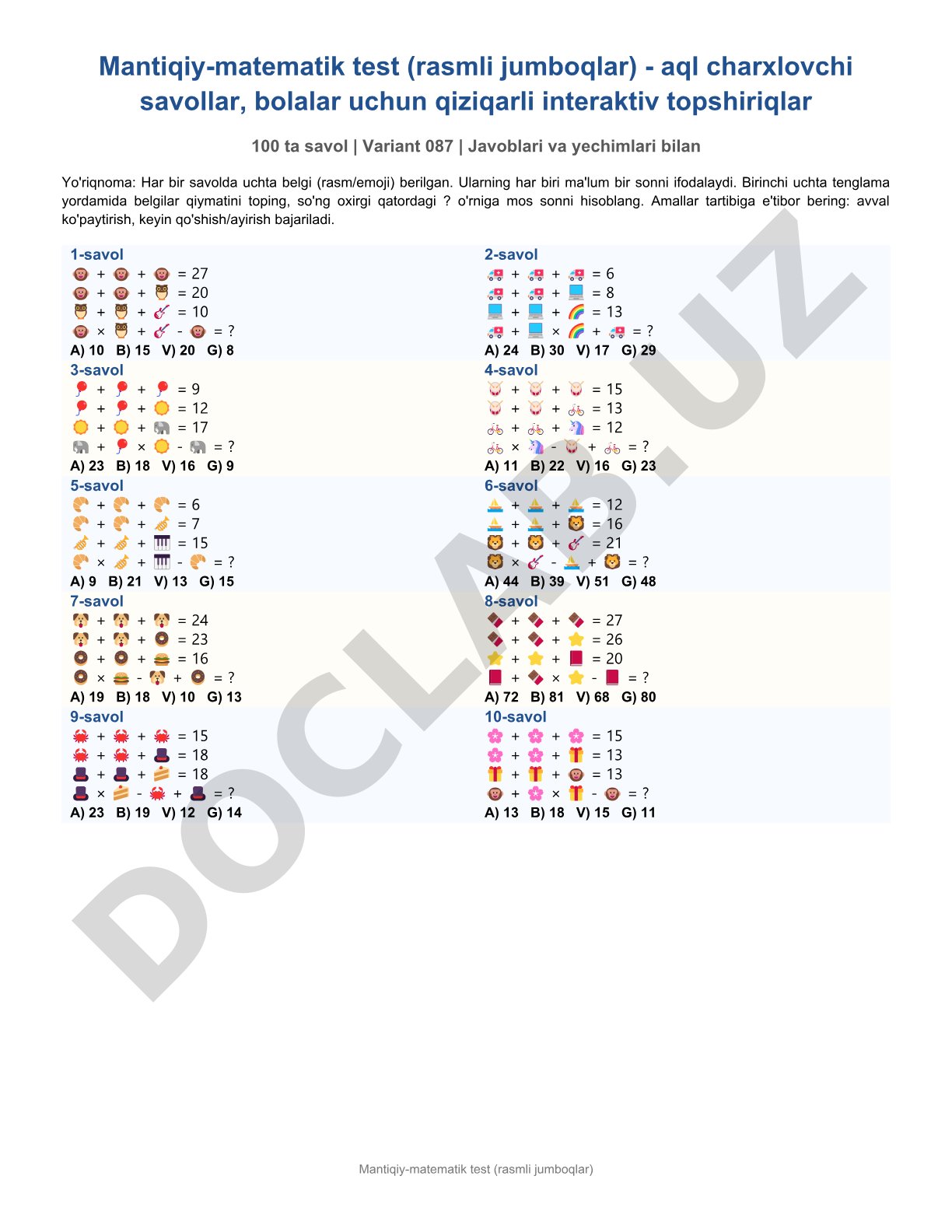 Mantiqiy-matematik test (rasmli jumboqlar)