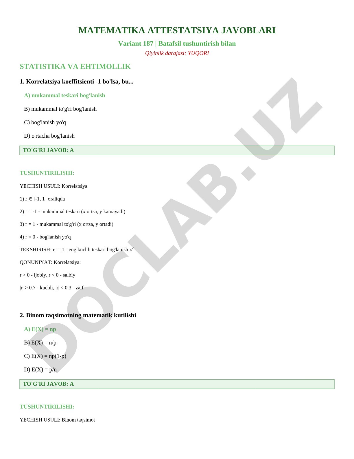 Matematika attestatsiya javoblari variant 187 statistika va ehtimollik