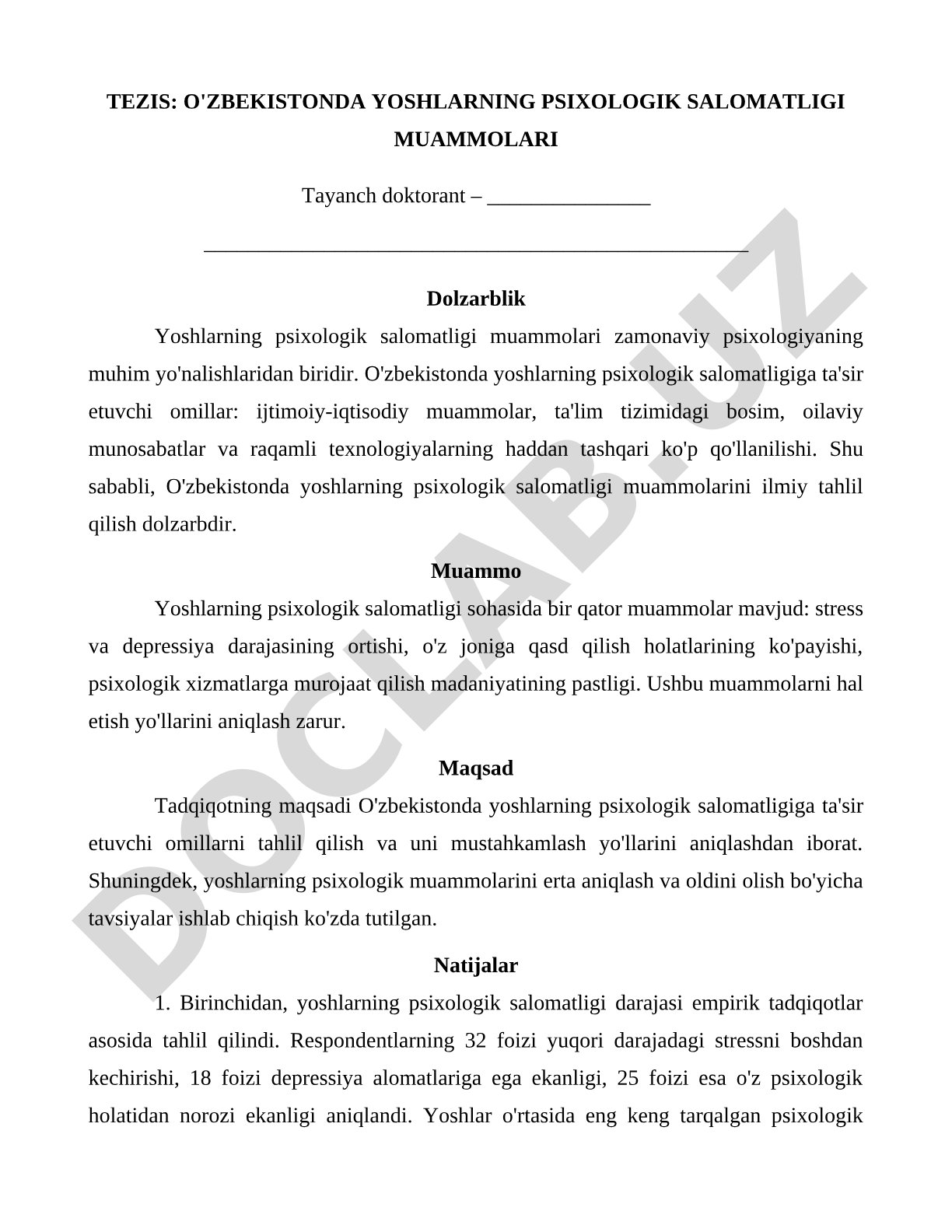 O'zbekistonda yoshlarning psixologik salomatligi muammolari