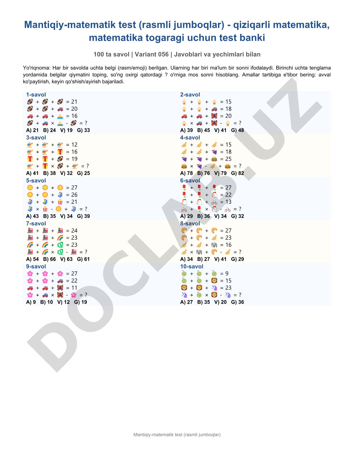 Matematika to'garagi uchun mantiqiy-matematik testlar