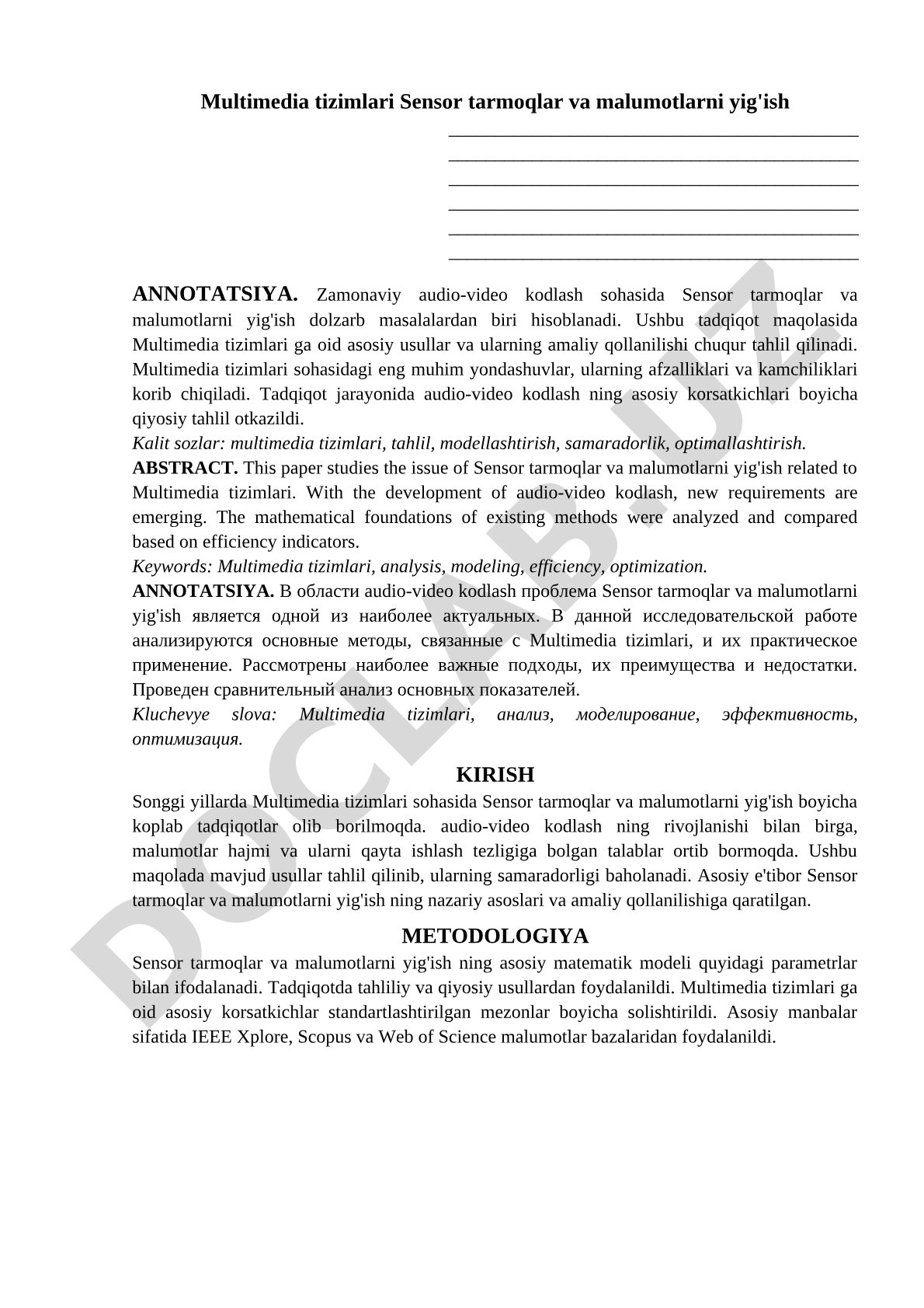 Multimedia tizimlari Sensor tarmoqlar va malumotlarni yig'ish