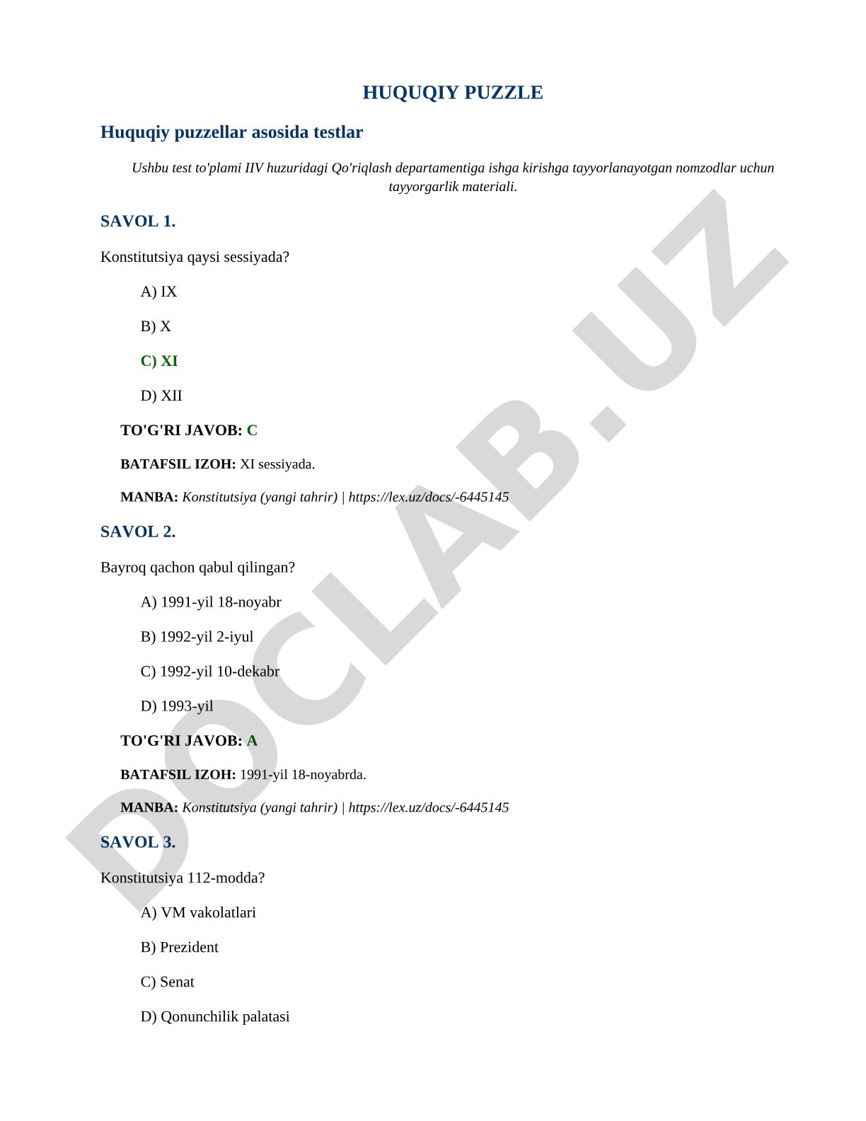 Huquqiy puzzellar asosidagi testlar to'plami
