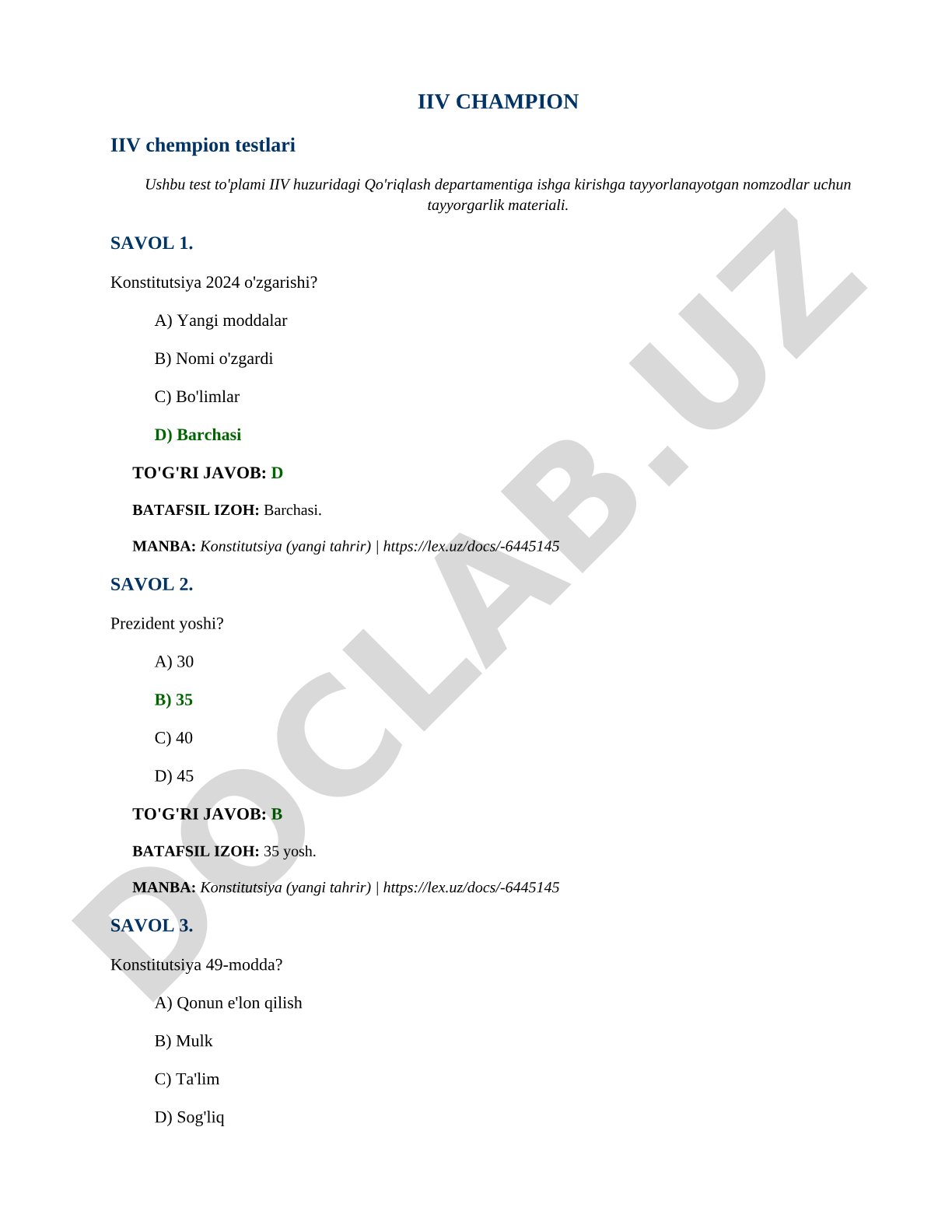 IIV Qo'riqlash departamentiga kirish testlari