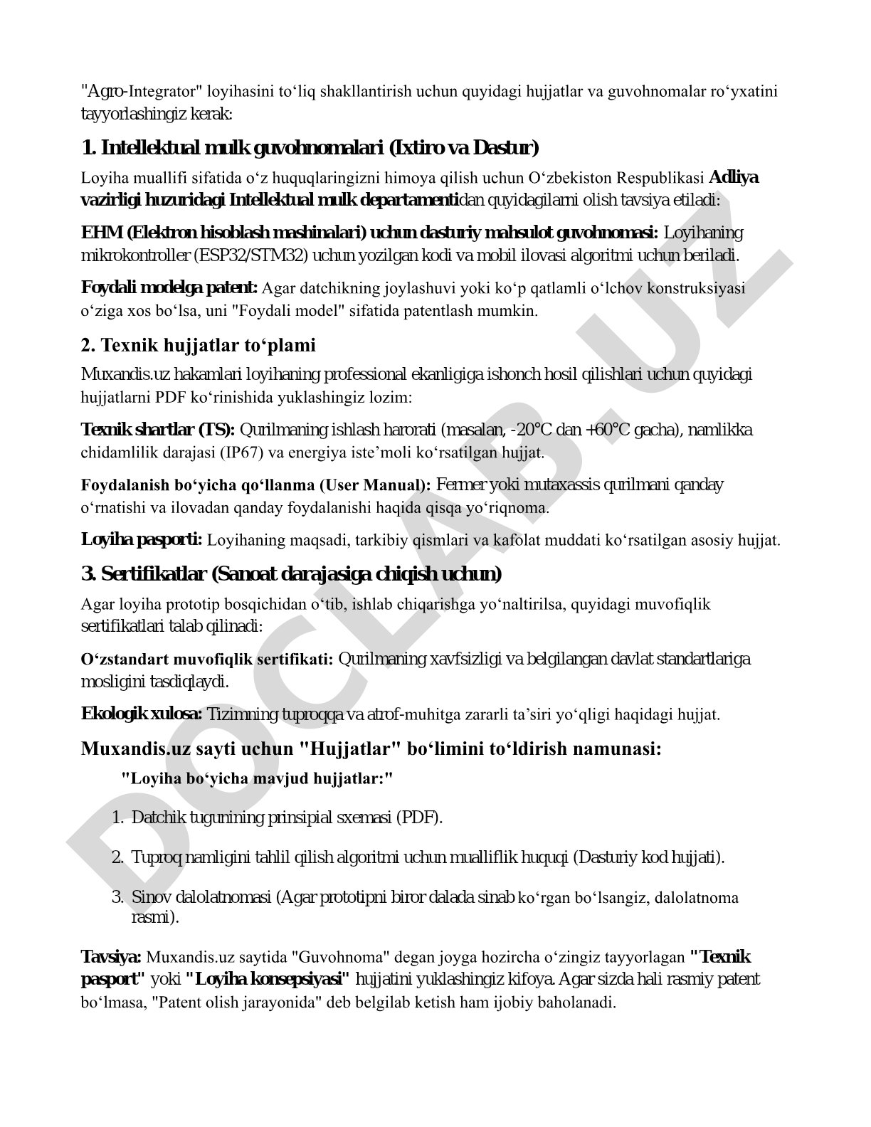 Agro-Integrator loyihasi uchun intellektual mulk guvohnomalari va texnik shartlar