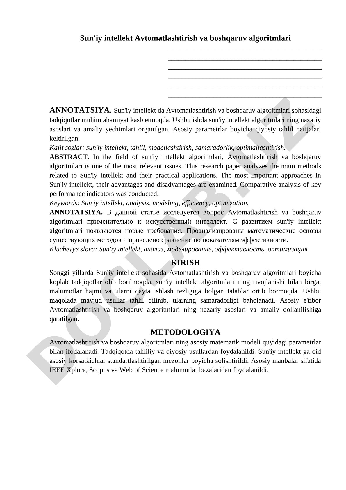 Sun'iy intellekt Avtomatlashtirish va boshqaruv algoritmlari