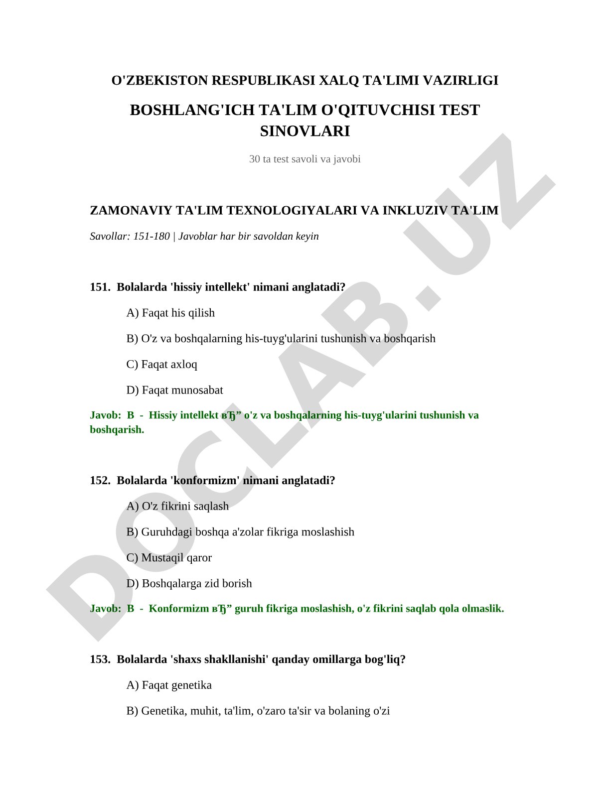 Boshlang'ich ta'lim o'qituvchisi test sinovlari (151-180 savollar)