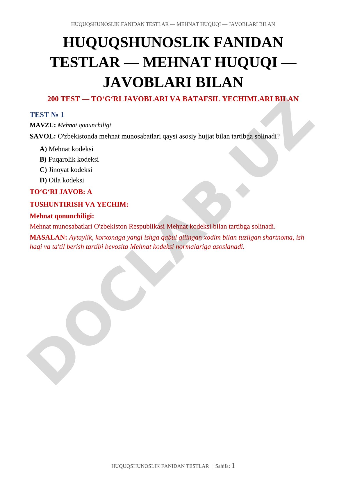 Mehnat huquqidan 200 test savollari javoblari bilan